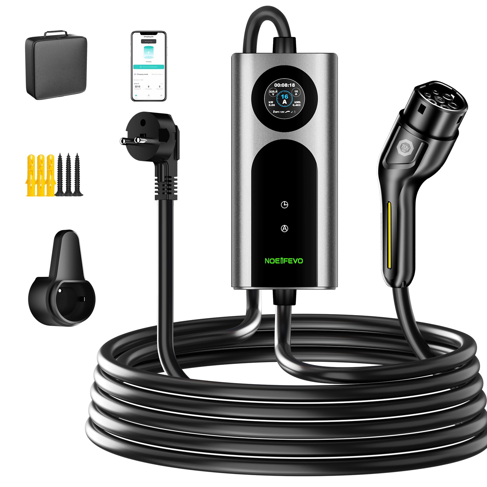NOEIFEVO 2026 Cable de carga Tipo 2 Schuko 220V, 3,7kW Wallbox móvil con app, 6-16A monofásico, cable de carga para coche eléctrico para todos los EV (IEC 62196-2) y PHEV
