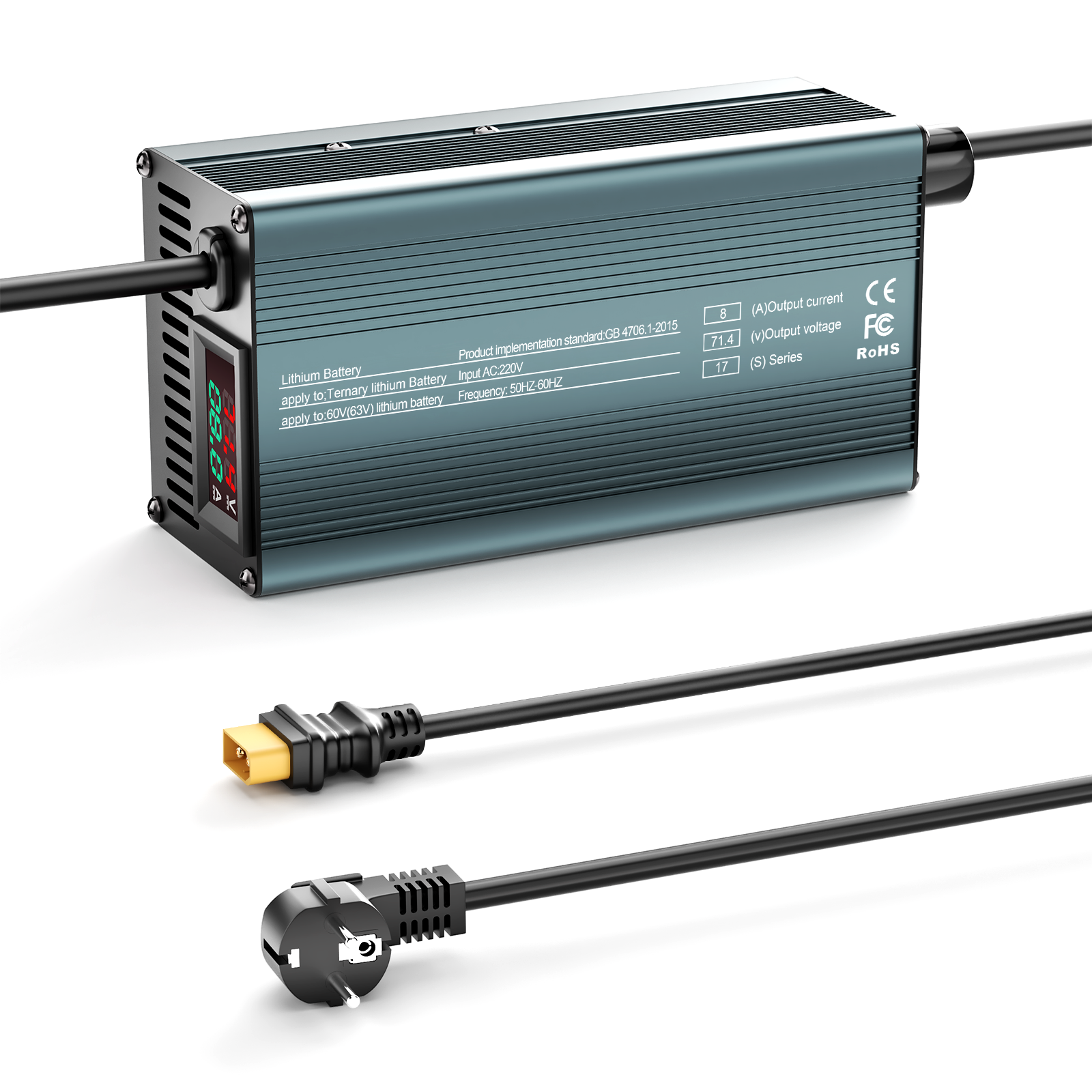 NOEIFEVO 71,4V 8A Lithiumbatterijlader voor 17S 62,9V Li-Ion-batterijen, Stroominstelling 1-8A, langzaam opladen en snel opladen (MLC1300)