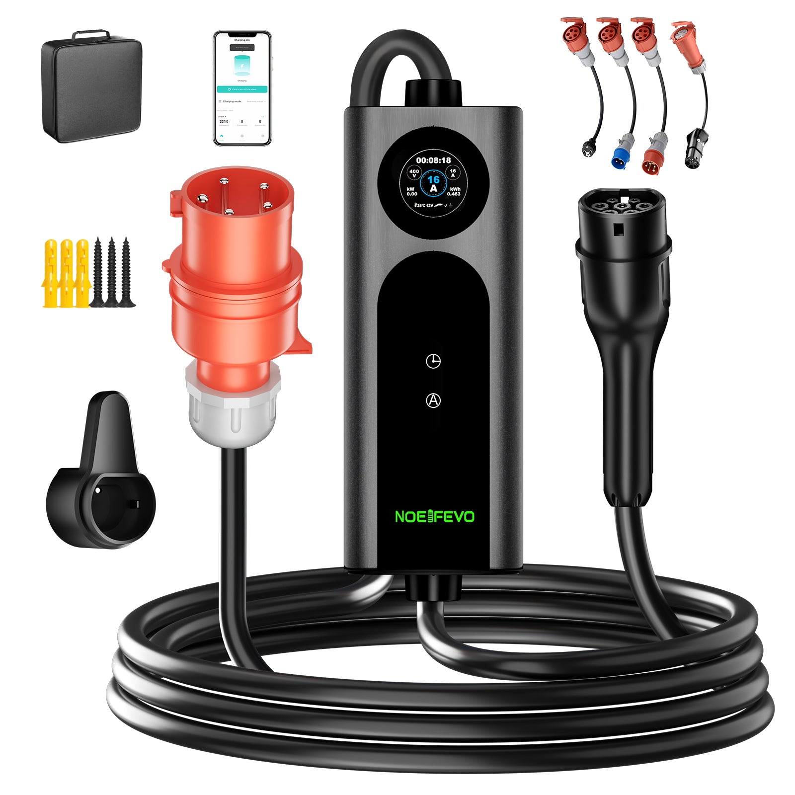 NOEIFEVO 2026 Pro mobil wallbox 11 kW med app, elbil CEE 16A til Type 2 ladekabel, 3-faset EV-lader til alle EV'er (IEC 62196-2) & PHEV'er