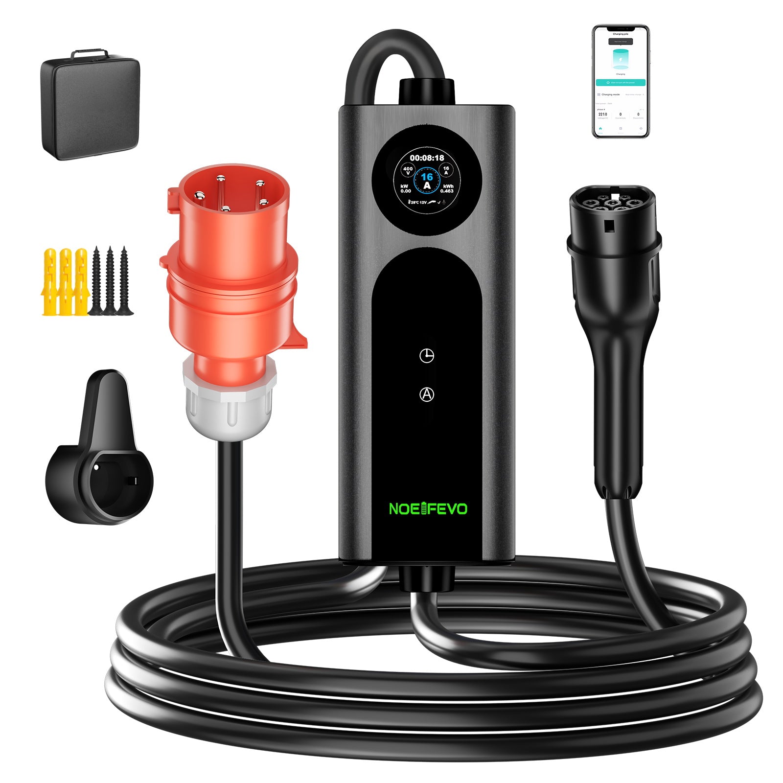 NOEIFEVO 2026 Pro mobil wallbox 11 kW med app, elbil CEE 16A til Type 2 ladekabel, 3-faset EV-lader til alle EV'er (IEC 62196-2) & PHEV'er