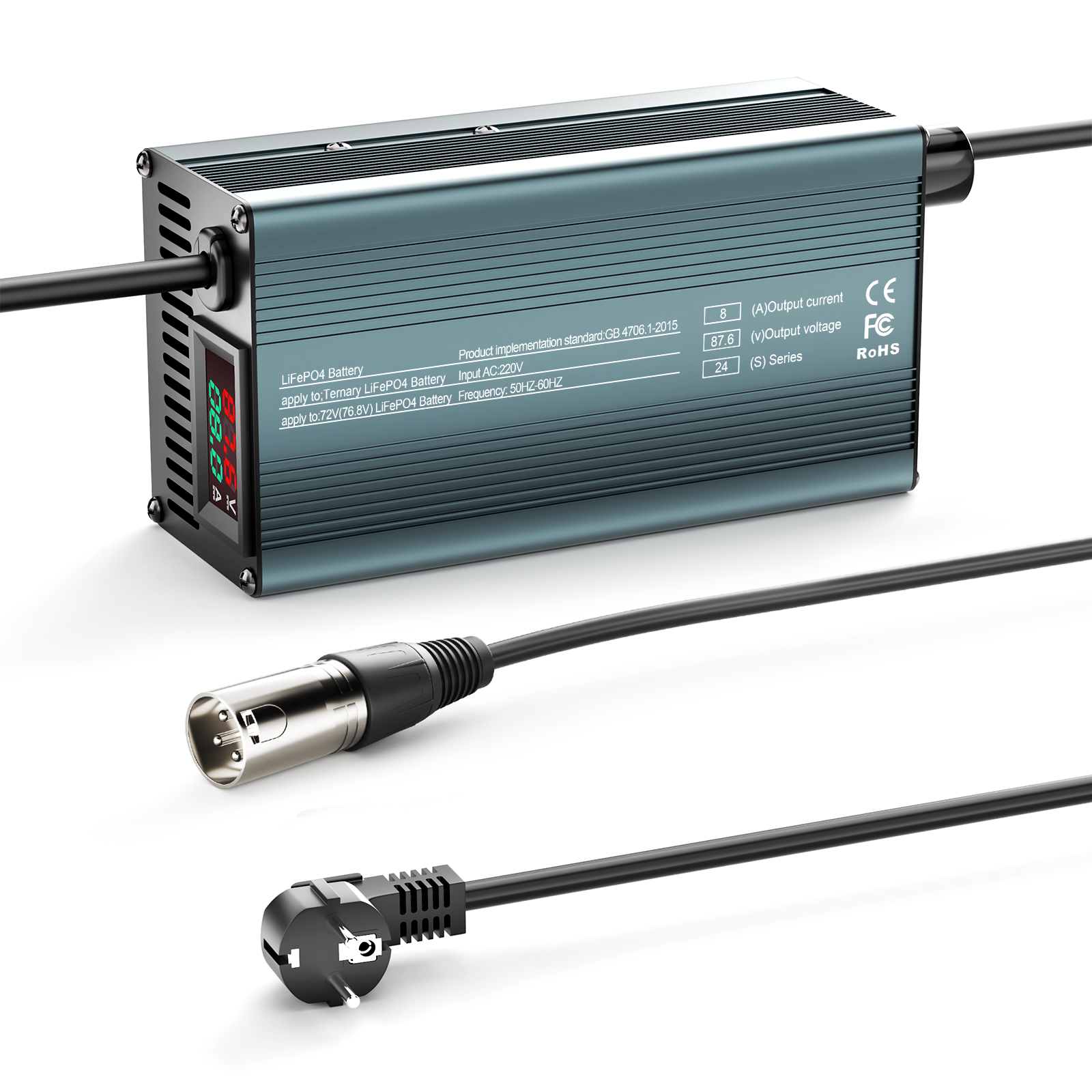 NOEIFEVO 87.6V 8A Lithium-LiFePO4-batterilader til 76.8V 24S LiFePO4-batteri, LCD-display, justerbar strøm, oplader til golfbiler, trollingmotorer, både og campingvogne