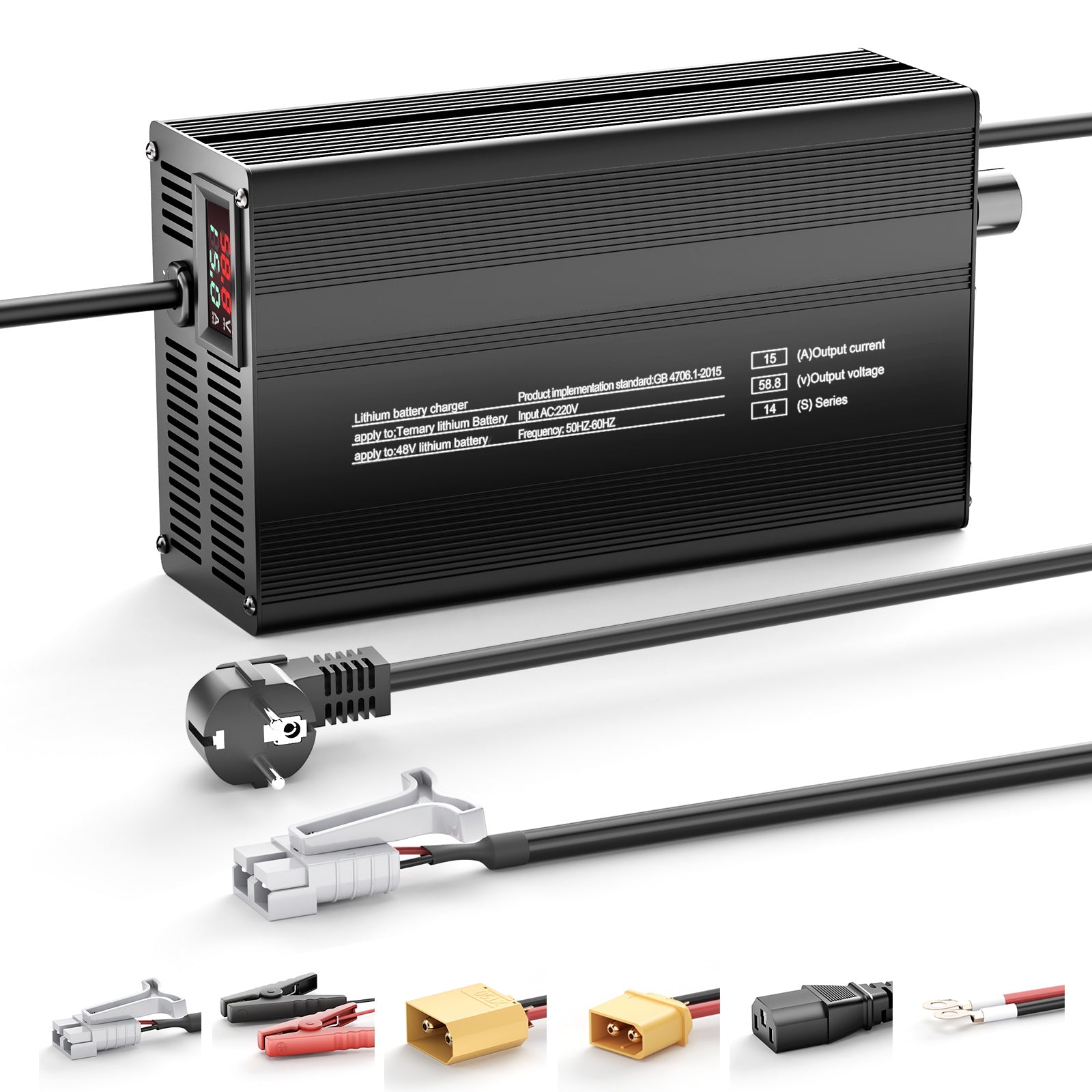 48V 14S 51V 52V Lithium-Batterijlader, Uitgangsspanning 58.8V, Stroominstelling 1-15A, langzaam laden en snel laden (MLC1300)