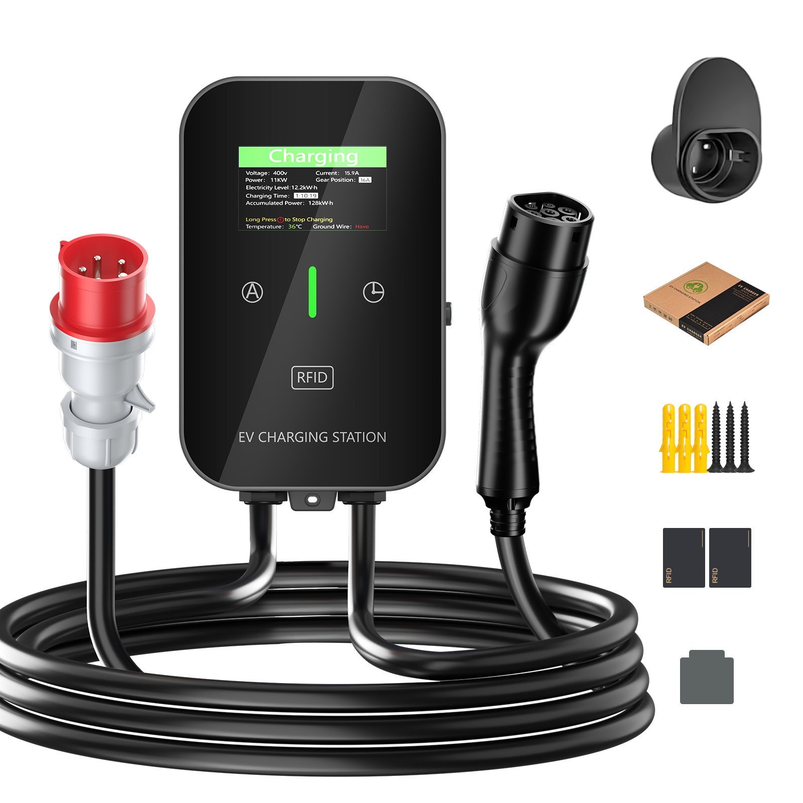 NOEIFEVO EV Wallbox Typ 2, 11kW mit RFID, 8–16A, 3-phasiges 400V Ladegerät für Elektrofahrzeuge (BEV/PHEV) mit 5 m Ladekabel und Kabelhalter, Schutzart IP65, effiziente Ladegerät Ladestation für Zuhause und Büro