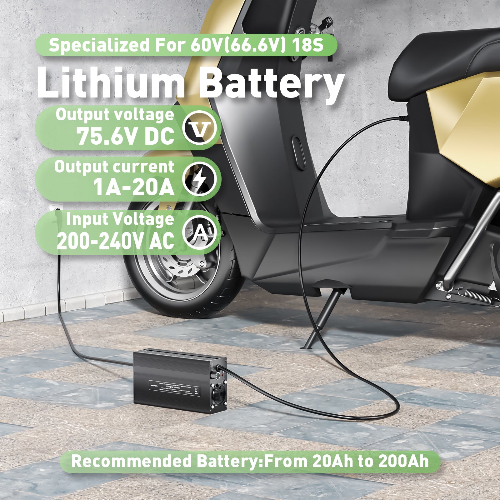 NOEIFEVO 75.6V 20A Lithium-batterilader til 66.6V 18S Lithium-Li-Ion-Lipo-batteri, LCD-skærm, justerbar strøm, lader til E-bike, scooter, elektrisk motorcykel