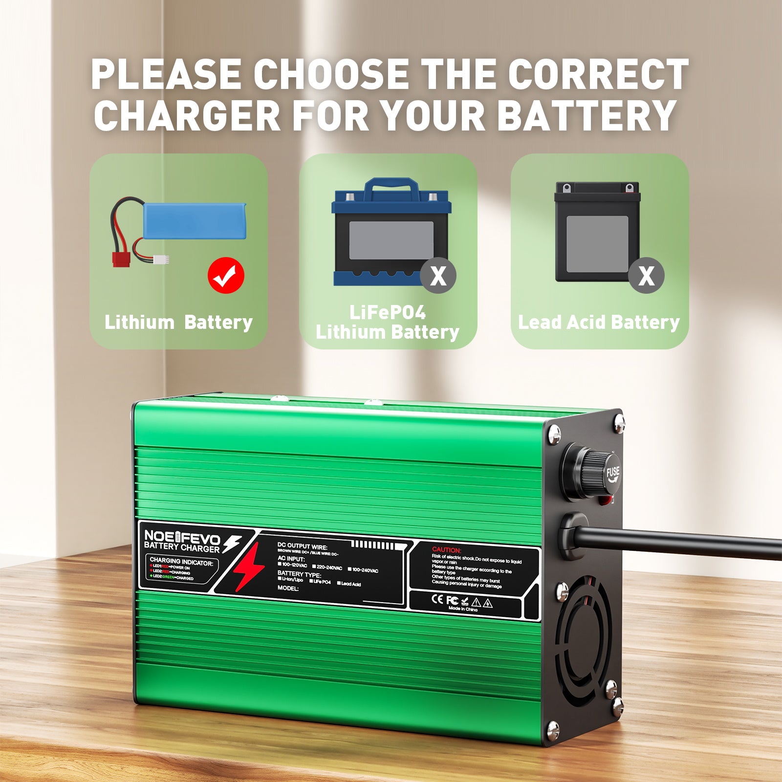 NOEIFEVO 55.2V-58.8V 3A bly-syrabatteriladdare för 48V bly-syrabatteri, kylfläkt, automatisk avstängning (GRÖN)