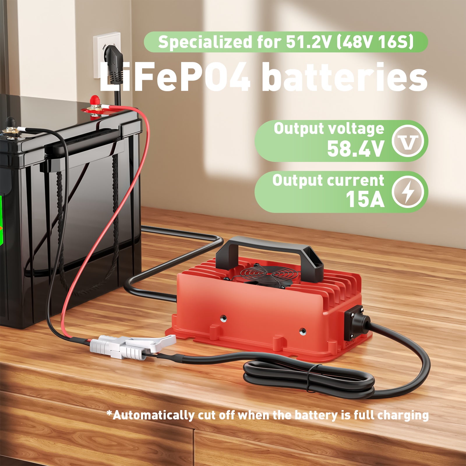 NOEIFEVO 58.4V 15A vandtæt LiFePO4 batterioplader til 51.2V(48V) 16S LiFePO4 batteri