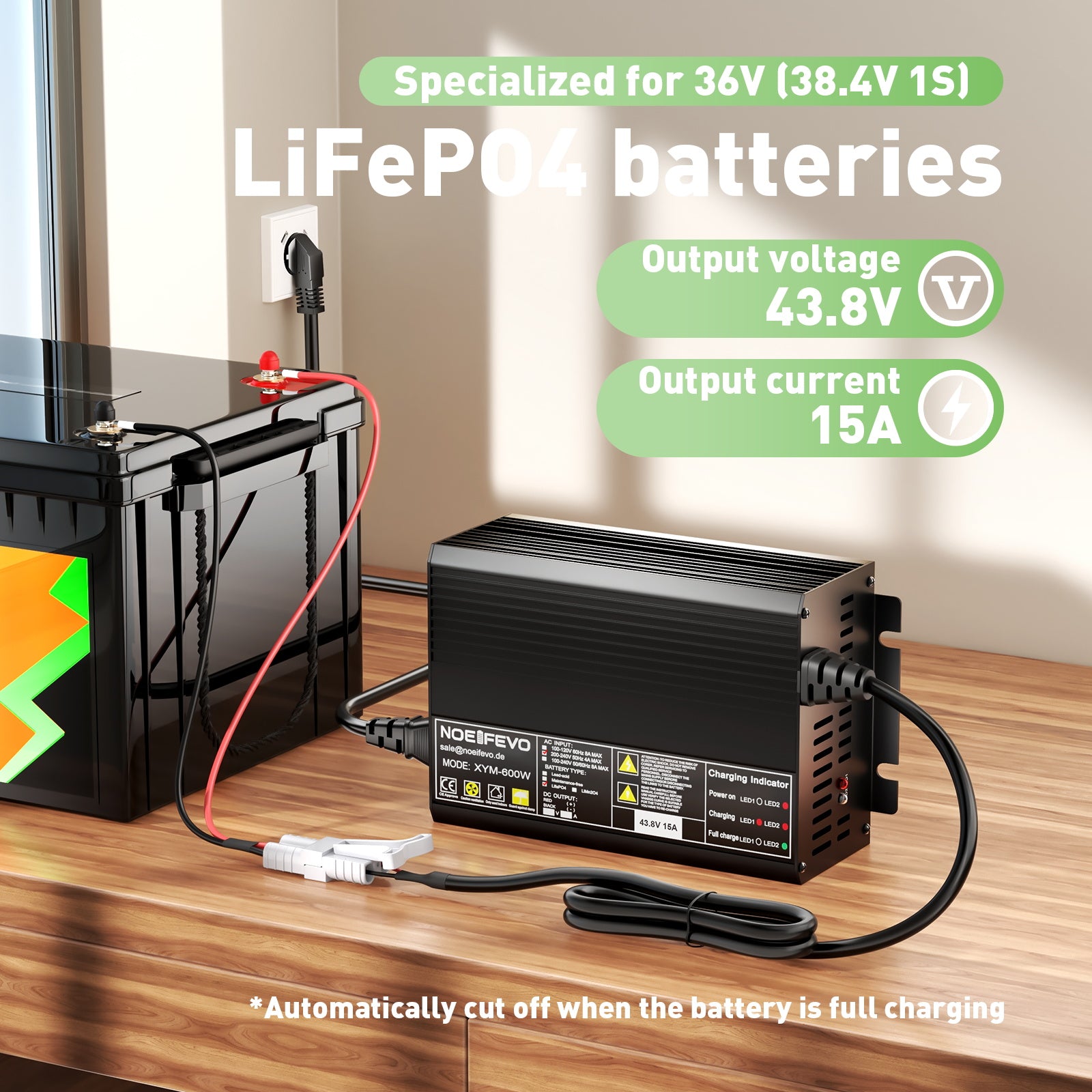 Noeifevo 43.8V 15A LiFePO4 acculader voor 36V 38.4V 12S LiFePO4 accu
​