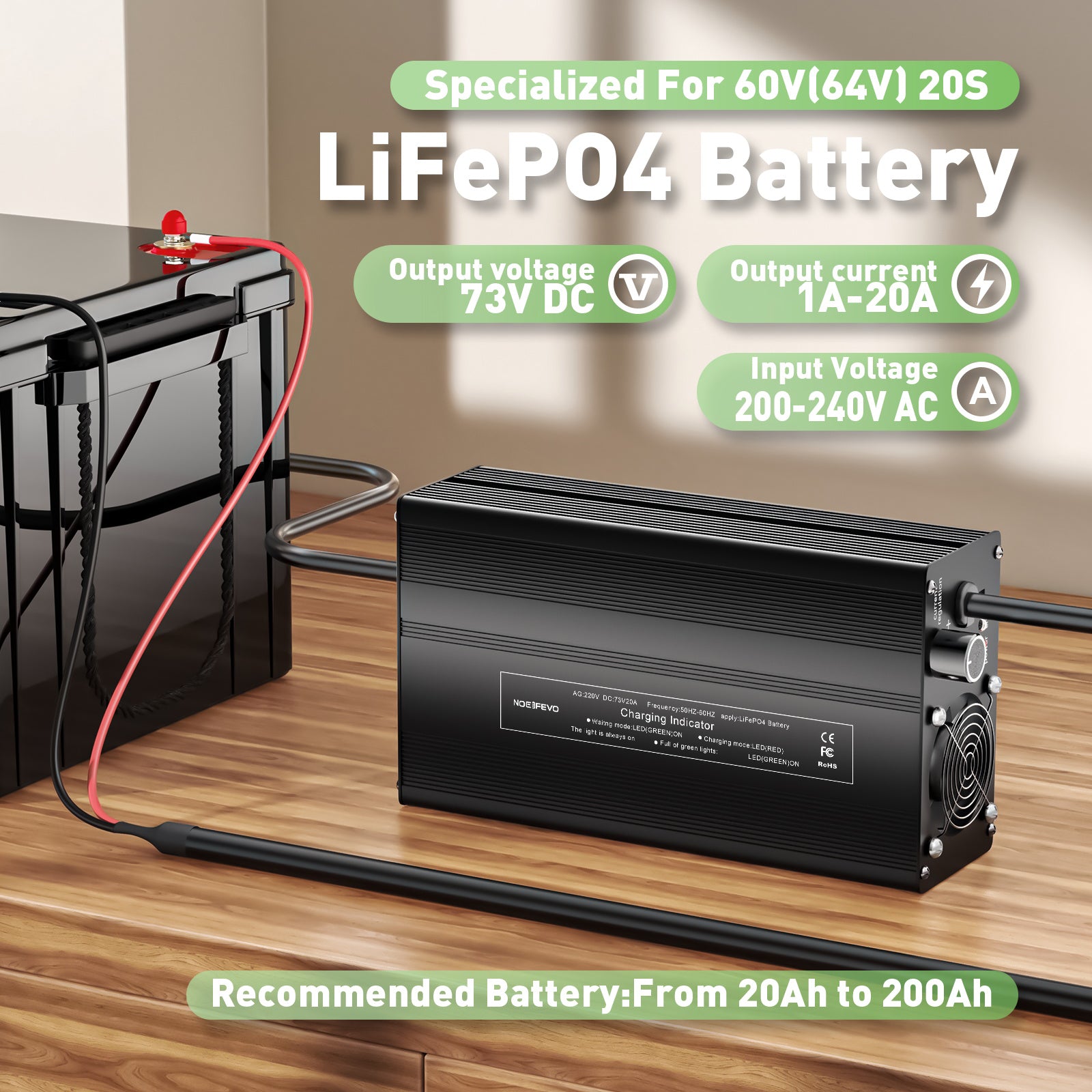 NOEIFEVO 73V 20A Lithium-LiFePO4 nabíječka pro 60V 64V 20S LiFePO4 baterii, LCD displej, nastavitelný proud, nabíječka pro trollingový motor, loď a obytné vozy