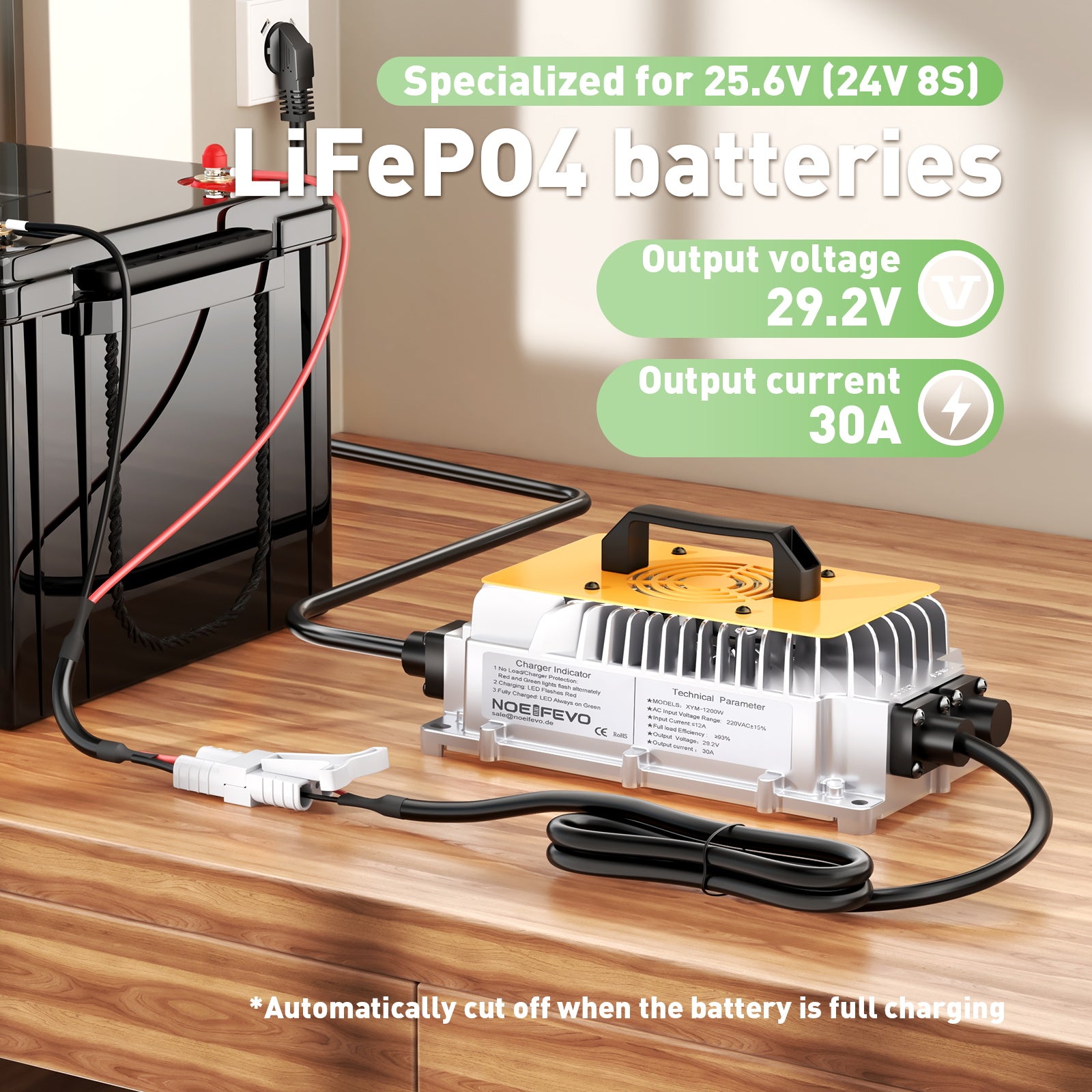 Noeifevo 29.2V 30A LiFePO4 batterioplader til 24V 25.6V LiFePO4 batteri