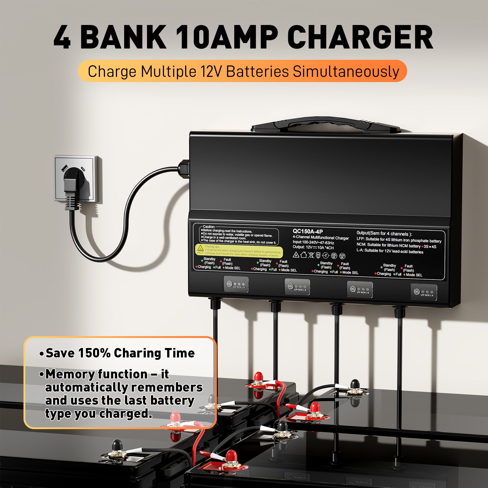 NOEIFEVO מטען סוללה אוניברסלי 12V 40A 4 בנקים (10A/בנק), מטען עמיד במים 12V LiFePO4 סוללה ליתיום-עופרת עבור קרוואן, סירה, אופנוע, מכסחת דשא, מנוע טרולינג וסוללת עופרת-חומצ