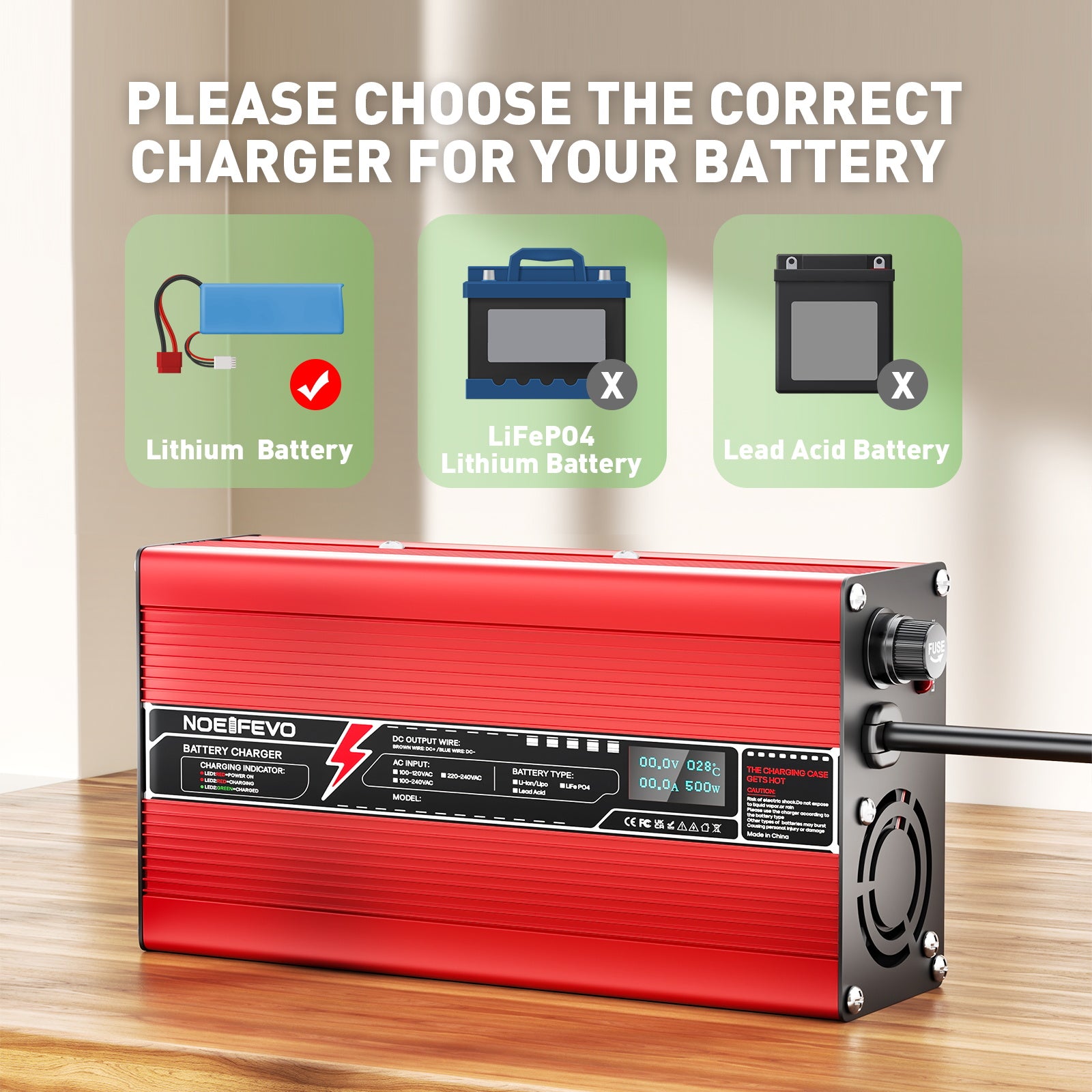 NOEIFEVO 60V 6A Bly-syrabatteriladdare, Laddspänning 69V-73,5V, automatisk avstängning, OLED-display, aluminiumhus, med fläkt