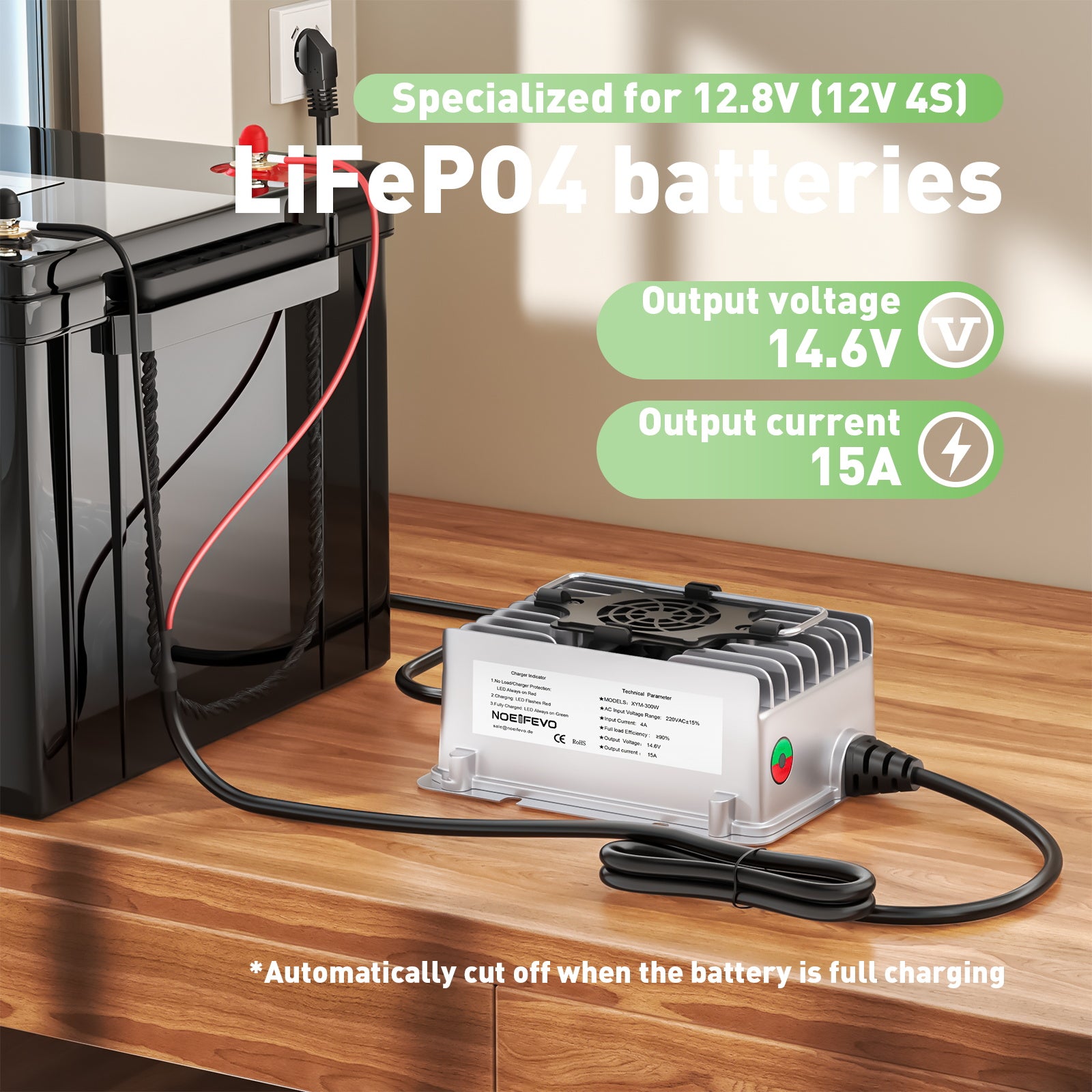 NOEIFEVO 14,6V 15A vodotesná LiFePO4 nabíjačka batérií pre 12V (12,8V) 4S LiFePO4 batérie