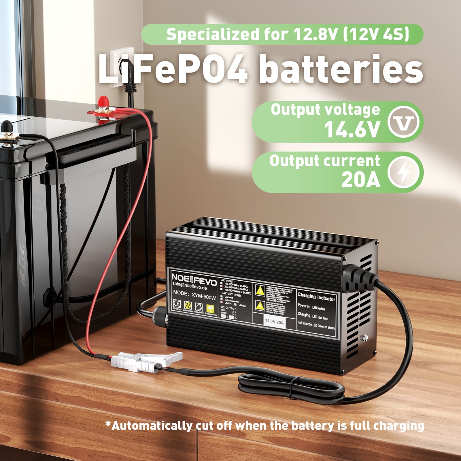 Noeifevo 14.6V 20A LiFePO4 Battery Charger for 12V 12.8V LiFePO4 Battery