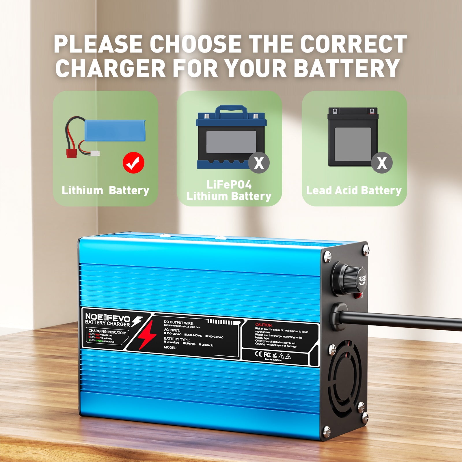 NOEIFEVO 37.8V 2A 3A 3.5A 4A Lithium-oplader voor 9S 33.3V Li-Ion Lipo-batterijen, koelventilator, automatische uitschakeling (BLAUW).