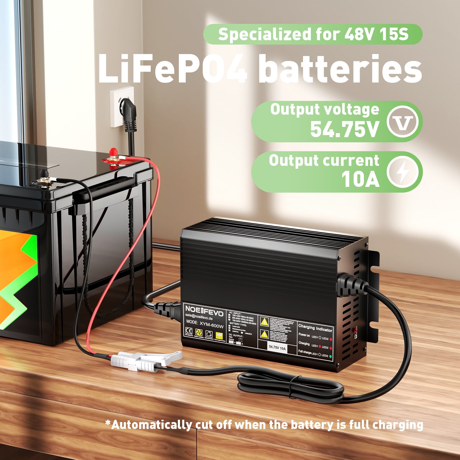 NOEIFEVO 54.75V 10A LiFePO4 batterioplader til 48V 15S LiFePO4 batteri
​