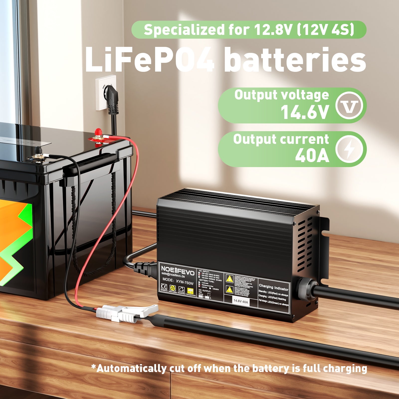 Noeifevo 14.6V 40A LiFePO4-akkulaturi 12V (12.8V) LiFePO4-akkuille