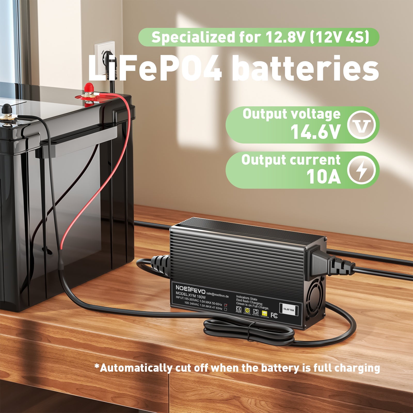 Noeifevo 14,6 V 10 A LiFePO4 Caricabatterie  per 12 V 12,8 V LiFePO4  batteria, XLR/IEC/XT60/Anderson 50A/M8