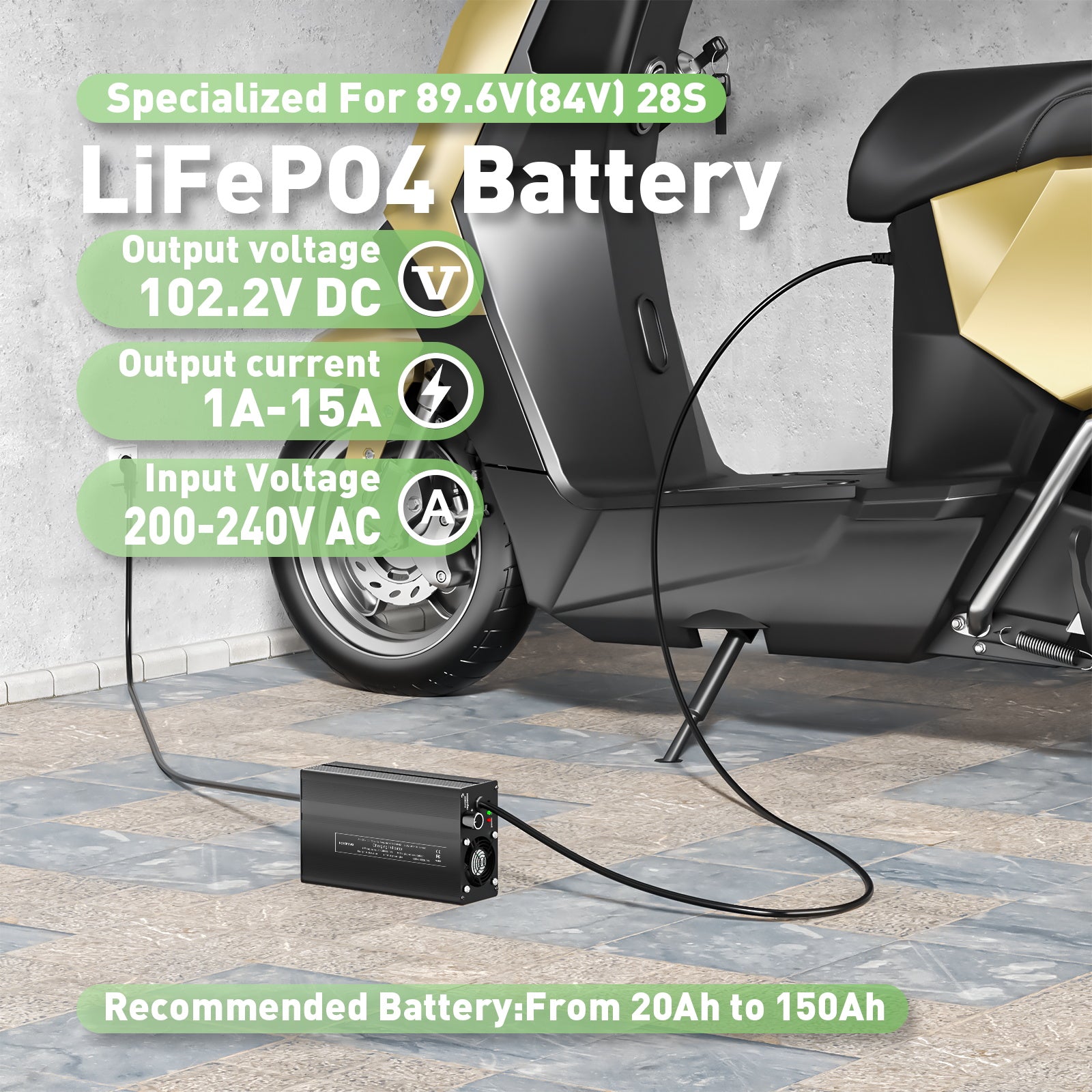 NOEIFEVO 102,2V 1A-15A LiFePO4 batterilader, velegnet til 89,6V (84V) 28S LiFePO4 batteri, LCD-display, justerbar strøm