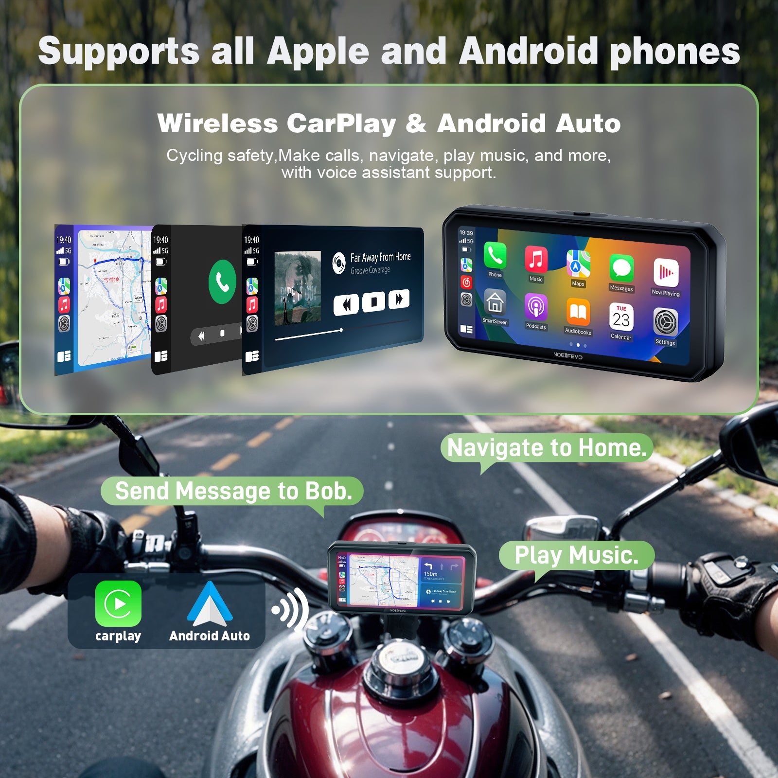 Pantalla CarPlay para motocicleta NOEIFEVO MT9B con detección de ángulo muerto, CarPlay inalámbrico y Android Auto, pantalla táctil portátil impermeable de 6.3 pulgadas, Bluetooth dual mejorado, navegación