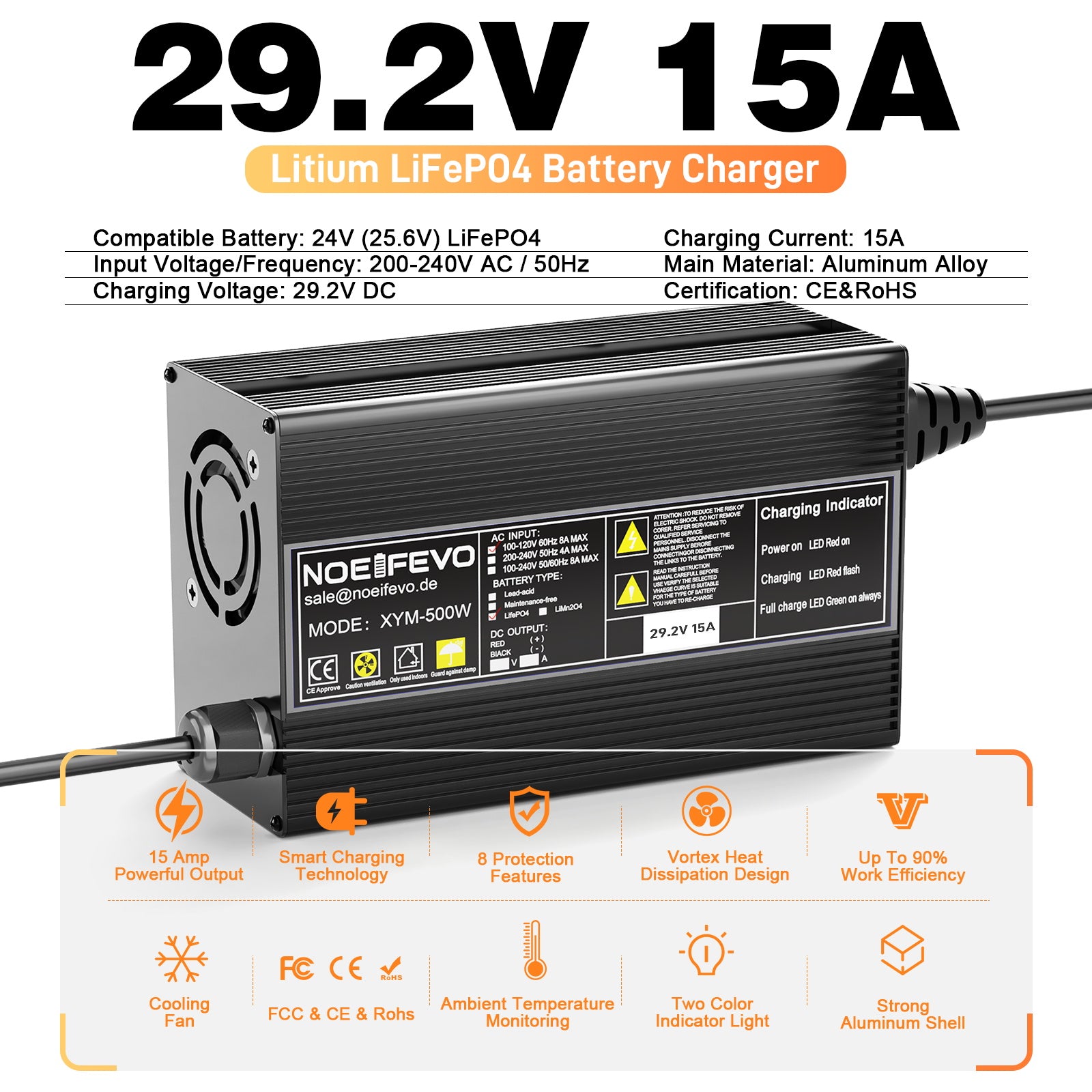 Noeifevo 29.2V 15A LiFePO4 carregador de bateria para bateria de lítio 24V 25.6V, ativação 0V BMS, desligamento automático com proteção total