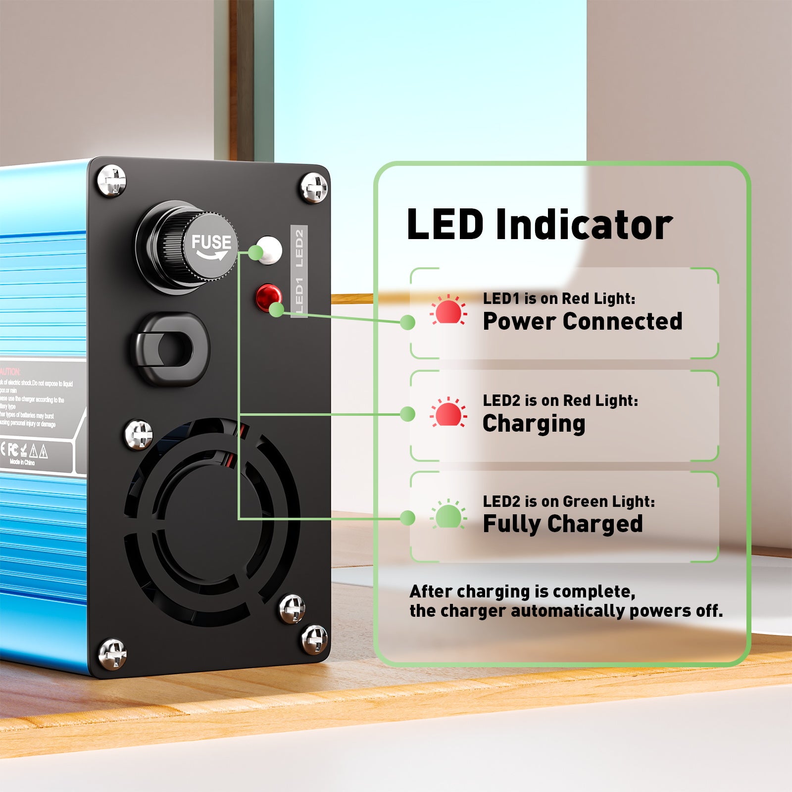 NOEIFEVO 27.6V-29.4V 5A bly-syrabatteriladdare för 24V bly-syrabatteri, kylfläkt, automatisk avstängning (BLÅ).