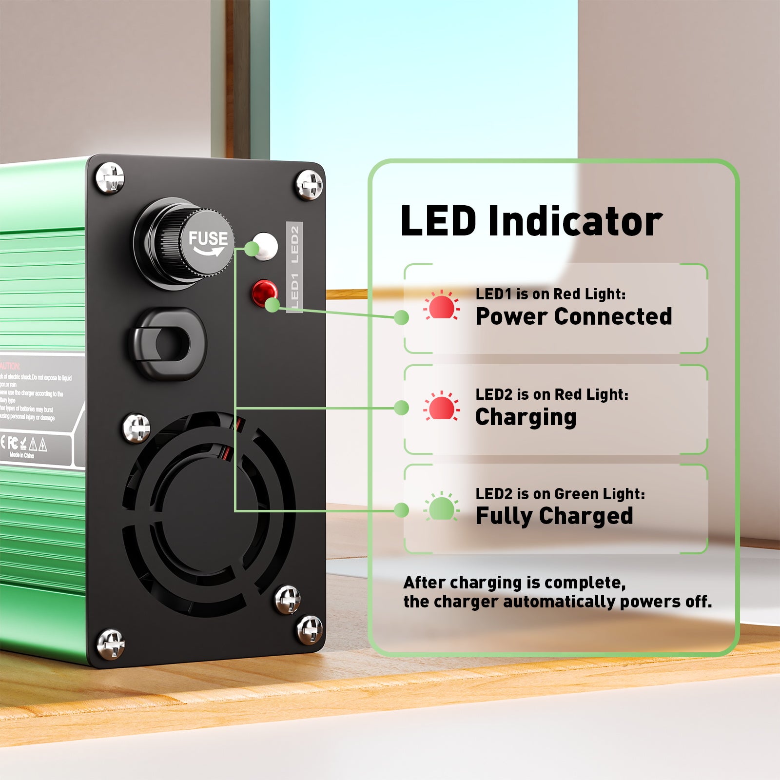 NOEIFEVO 55.2V-58.8V 3A bly-syrabatteriladdare för 48V bly-syrabatteri, kylfläkt, automatisk avstängning (GRÖN)