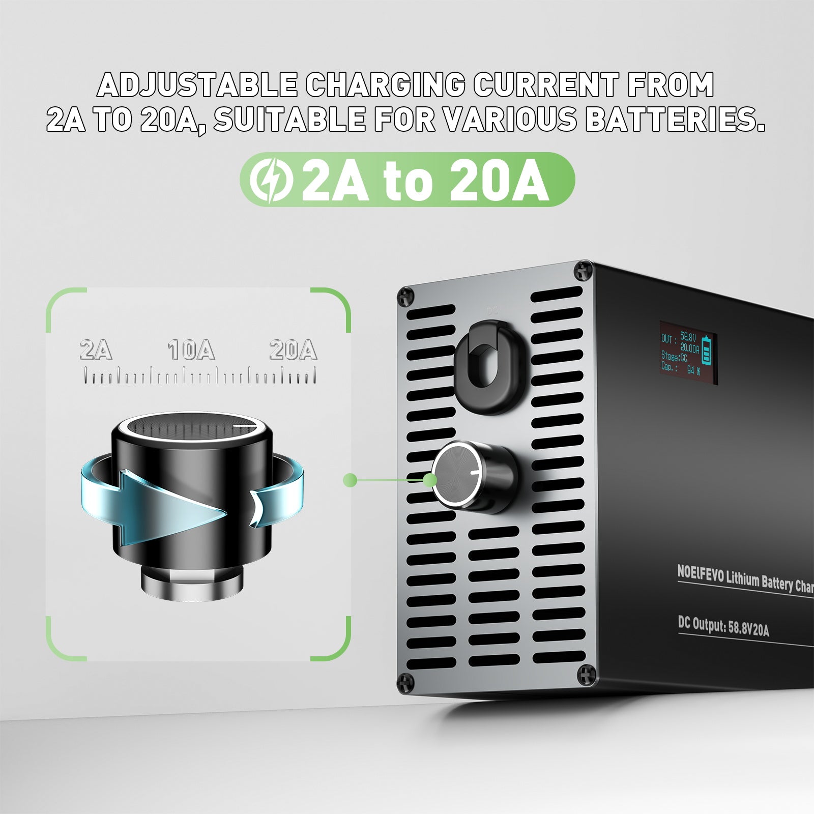 NOEIFEVO 58,8V 2-20A Lithium-batterijlader voor 51.8V 52V 14S Lithium-Li-Ion-Lipo-batterij, LCD-display, instelbare stroom, lader voor E-bike, scooter, elektromotorfiets