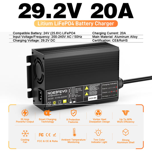 Noeifevo 29,2 V 20 A LiFePO4  batería de Cargador para batería de litio de 24 V 25,6 V, activación BMS de 0 V, apagado automático con protección total
