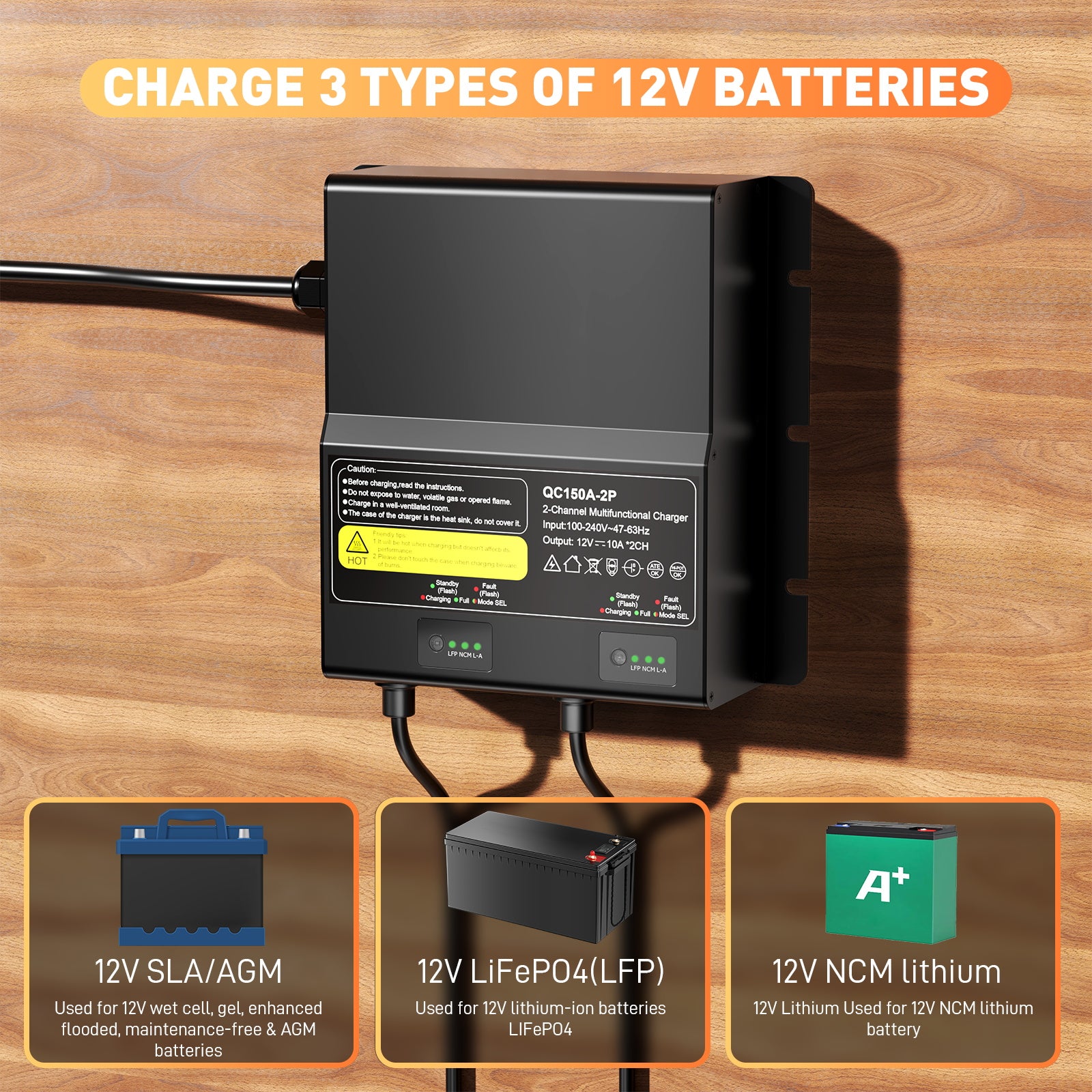 NOEIFEVO Cargador de batería universal 12V 20A 2-Bancos (10A/Banco), cargador impermeable para LiFePO4, Litio y Plomo-Ácido de 12V, para autocaravana, barco, motocicleta, cortacésped, motor de arrastre y batería de plomo-ácido