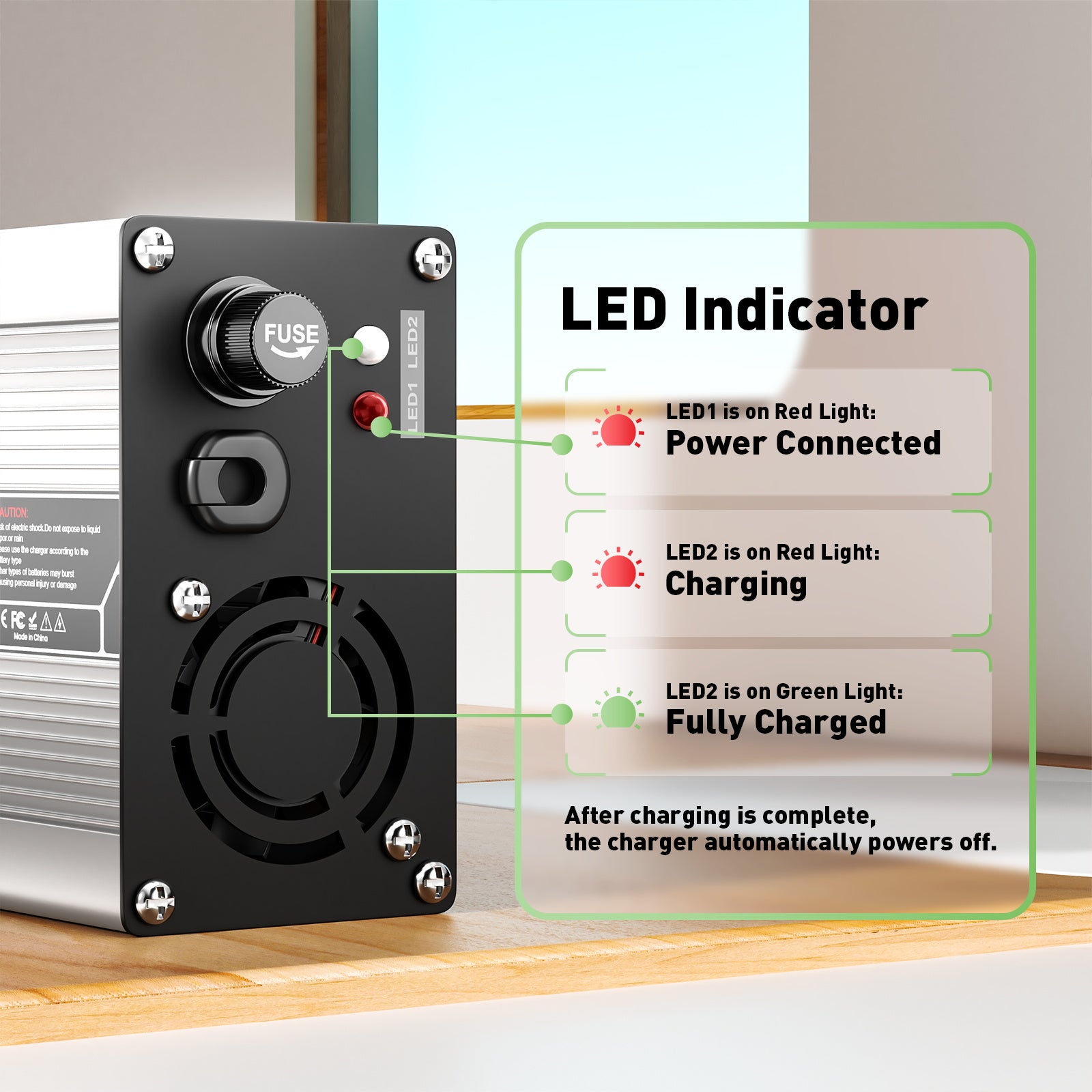 NOEIFEVO 29.4V 5A Lithium-oplader til 7S 25.9V Li-Ion Lipo-batterier, med køleventilator og automatisk slukning.