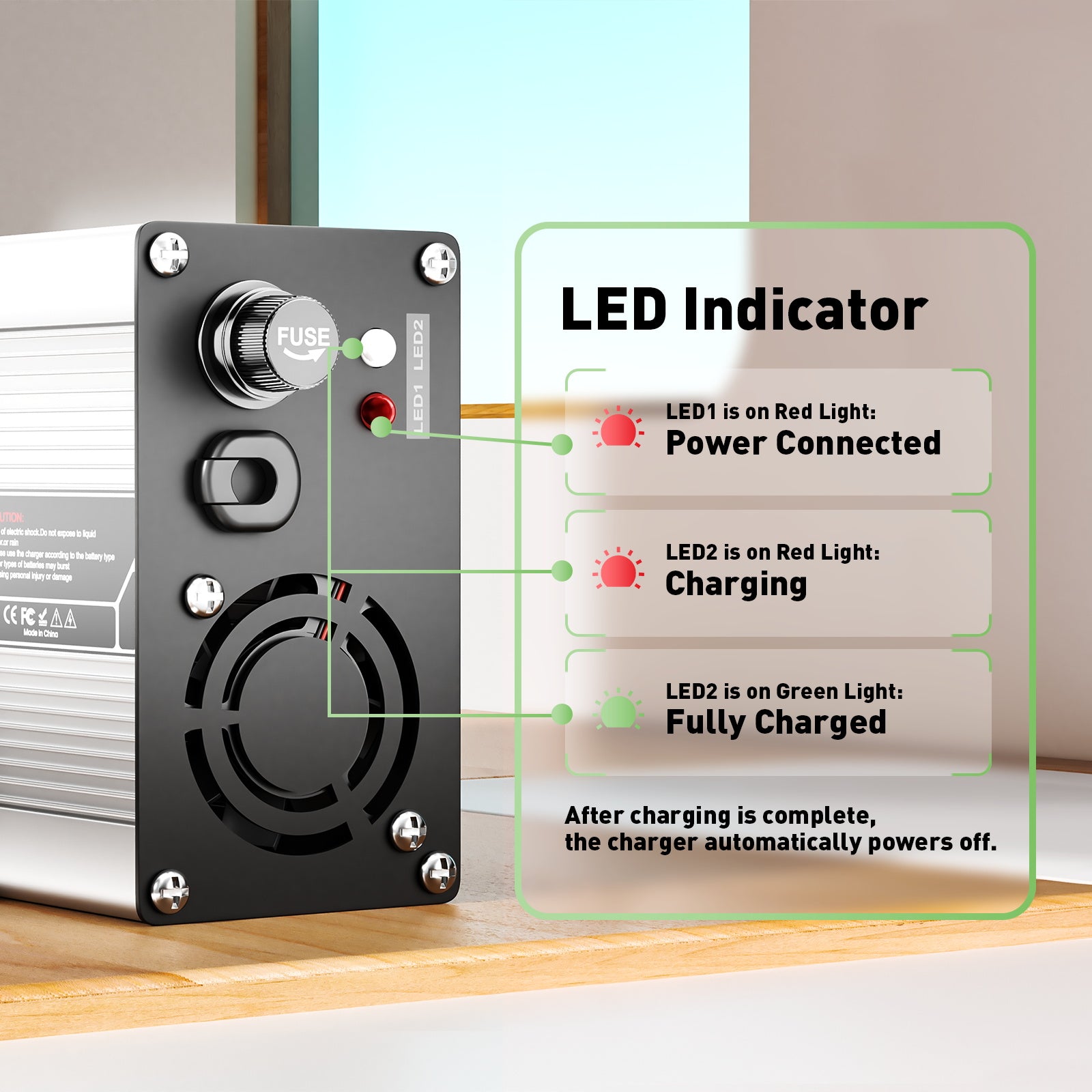 NOEIFEVO 12,6V 20A cargador de batería de litio para batería 11,6 V 3S, apagado automático, carcasa de aluminio, con ventilador (plateado)