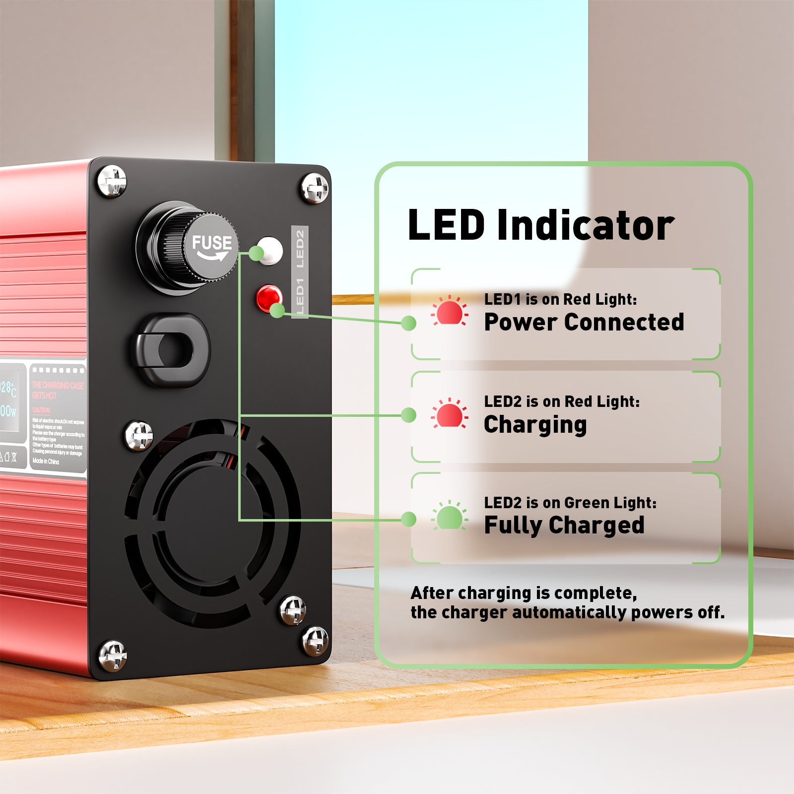 NOEIFEVO 51,2 V 5 A Lithium LiFePO4 batterilader, ladningsspænding 58,4 V, med blæser, aluminiumhus, LCD-skærm