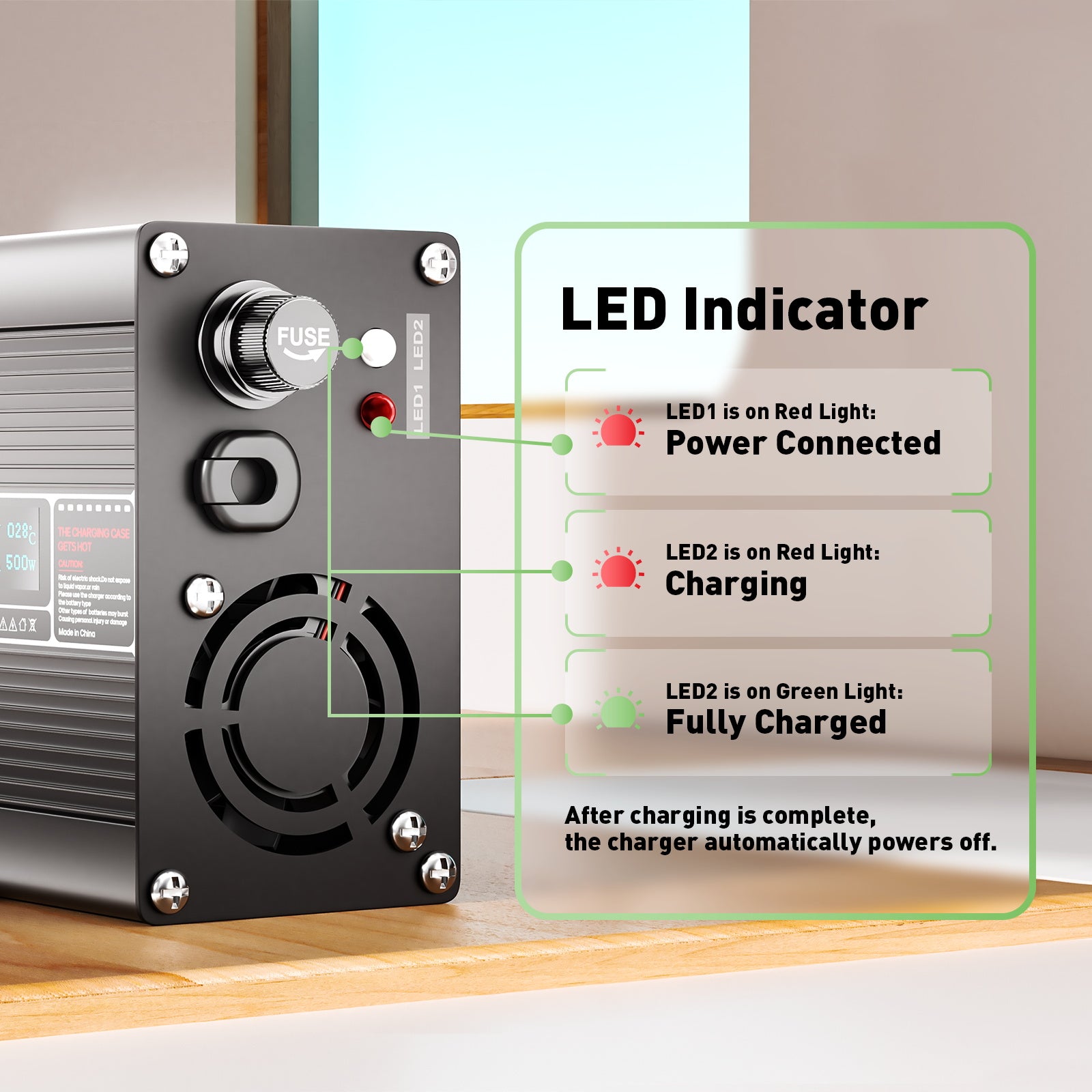 NOEIFEVO 50.4V 8A Cargador de Litio para Batería de 12S 44.4V, Indicador LED, Caja de Aluminio, Ventilador