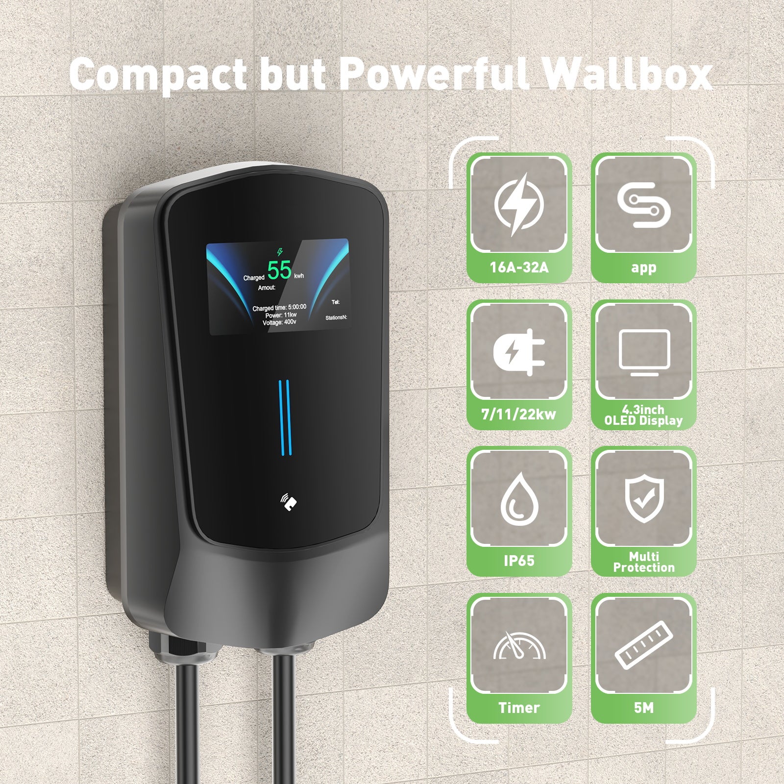 Noeifevo Q6 7KW 11KW 22KW EV wallbox laddstation, 5M snabbladdningskabel vattentät, WiFi tillval