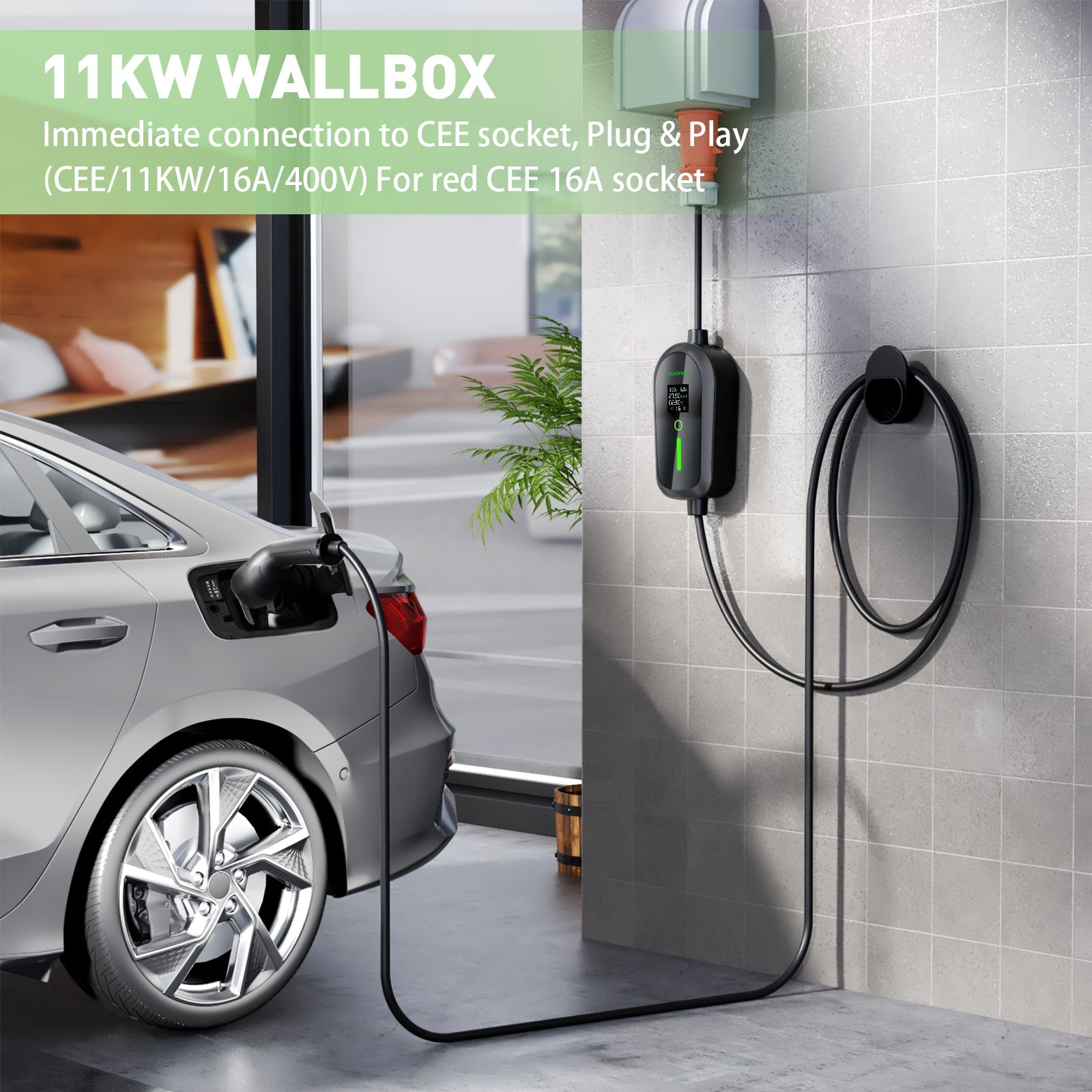 NOEIFEVO F097 11KW EV Mobil Wallbox med App, 3-fas 6-16A med justerbar laddningseffekt, Wi-Fi fjärrkontroll, CEE 16A till Type 2 EV laddkabel