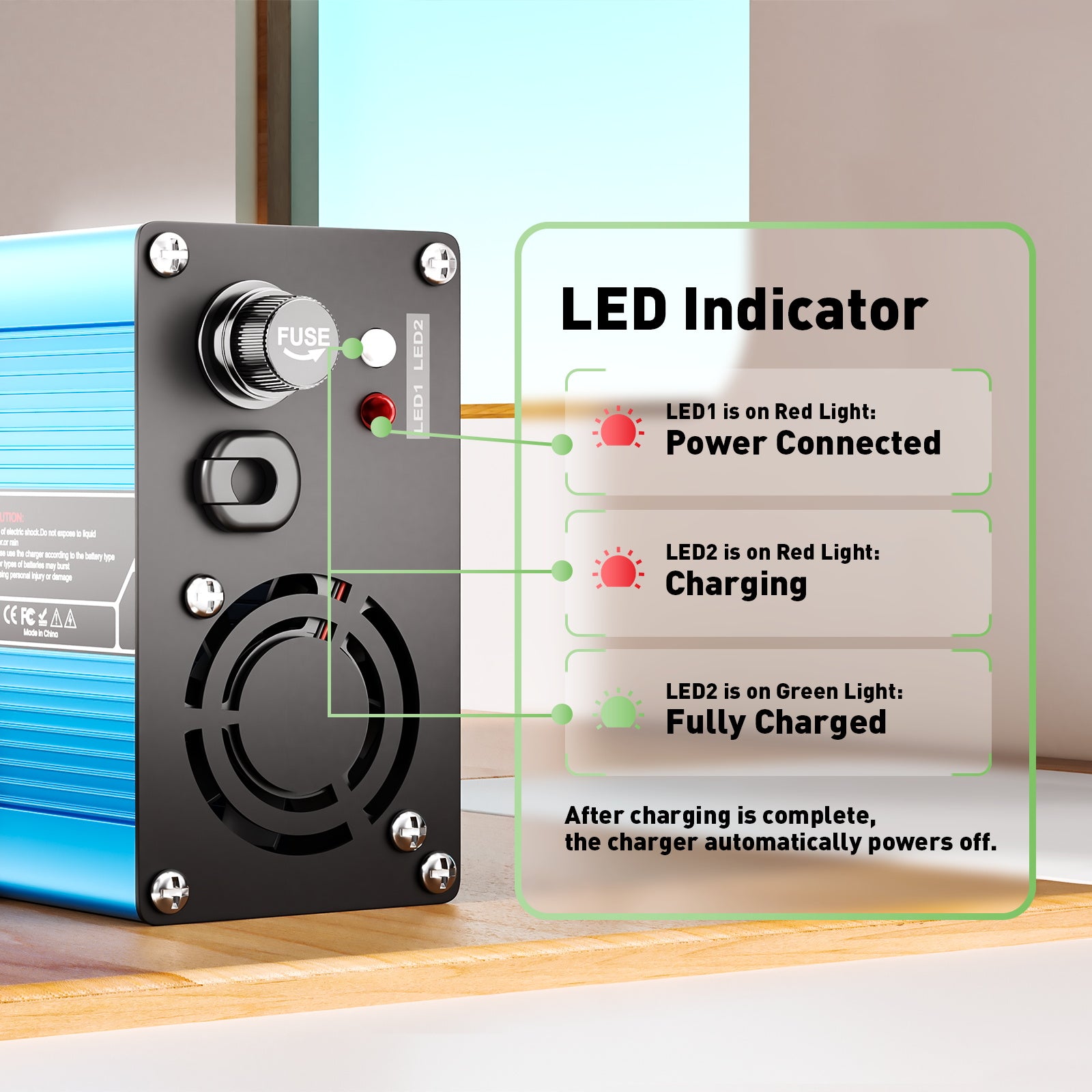 NOEIFEVO 12V 20A Blei-Säure-Batterieladegerät, Ladespannung 13,8V-14,7V, automatische Abschaltung, Aluminiumgehäuse, mit Lüfter (blau)