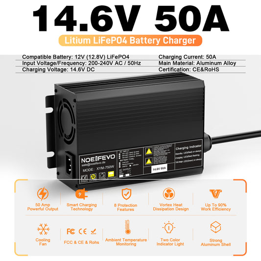 מטען סוללות Noeifevo 14.6V 50A מהיר ליתיום LiFePO4 לסוללת 12V(12.8V) LiFePO4, הפעלה של 0V BMS, כיבוי אוטומטי עם הגנה מלאה