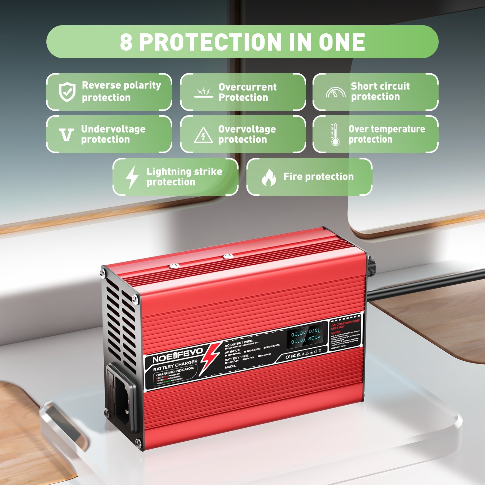 NOEIFEVO 51,2 V 5 A Lithium LiFePO4 Batterieladegerät, Ladespannung 58,4 V, mit Lüfter, Aluminiumgehäuse, LCD-Bildschirm