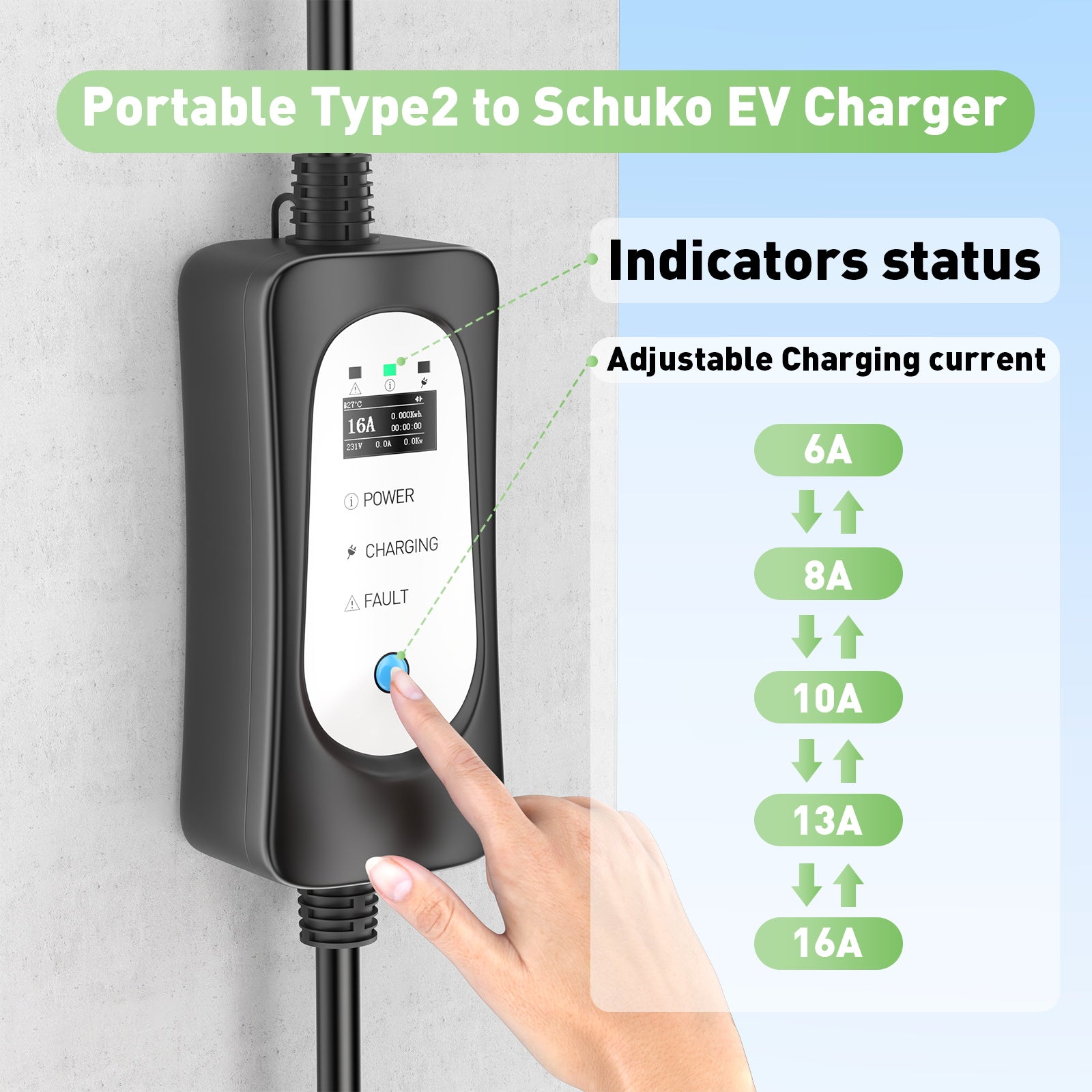 Bærbar 3,6KW 16A EV-oplader, 5/10 meter Mobil Type2/Type1 til Schuko EV-ladekabel