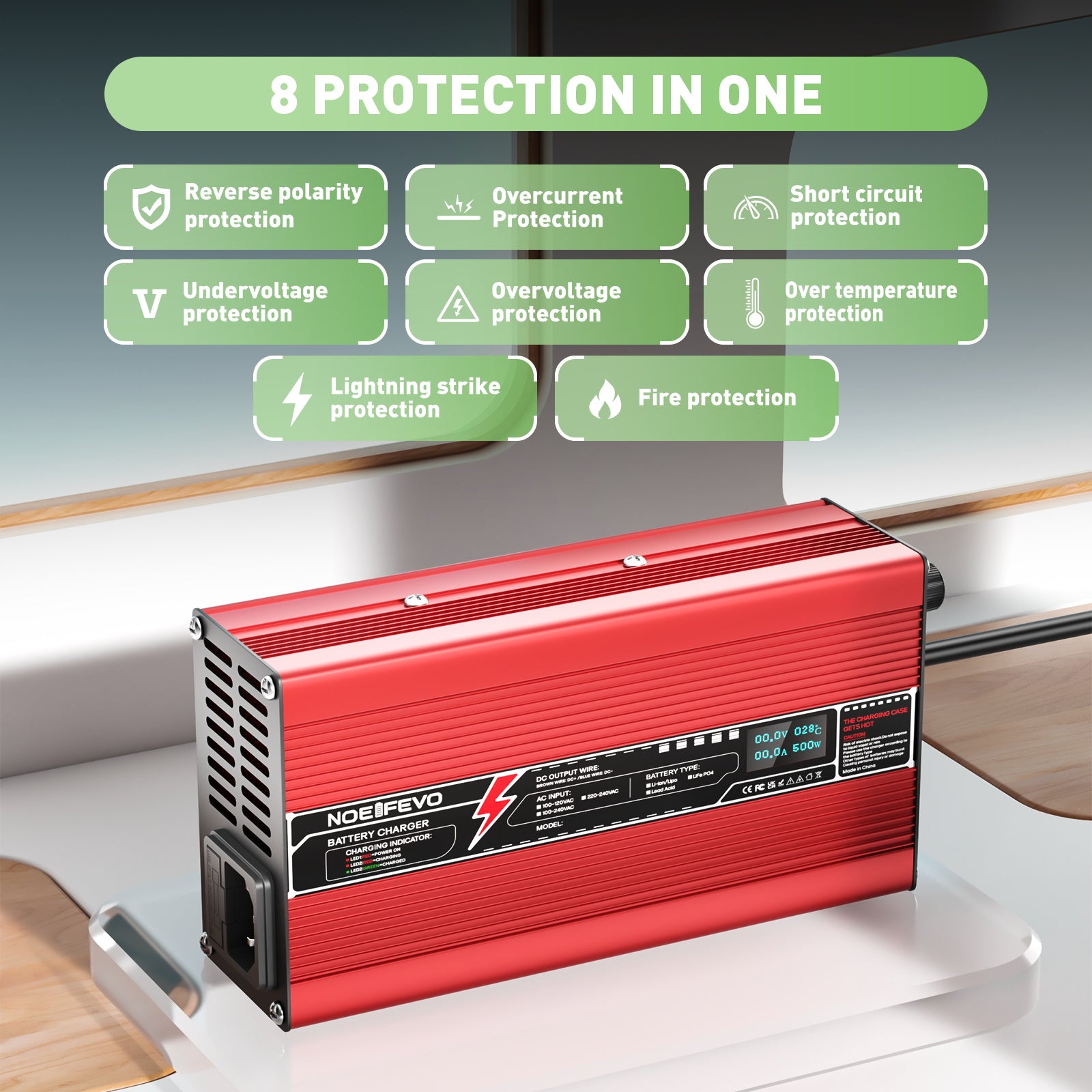 NOEIFEVO 36.5V 10A LiFePO4-batteriladdare för 32V 10S LiFePO4-batterier, automatisk avstängning, OLED-display, aluminiumhus, med fläkt