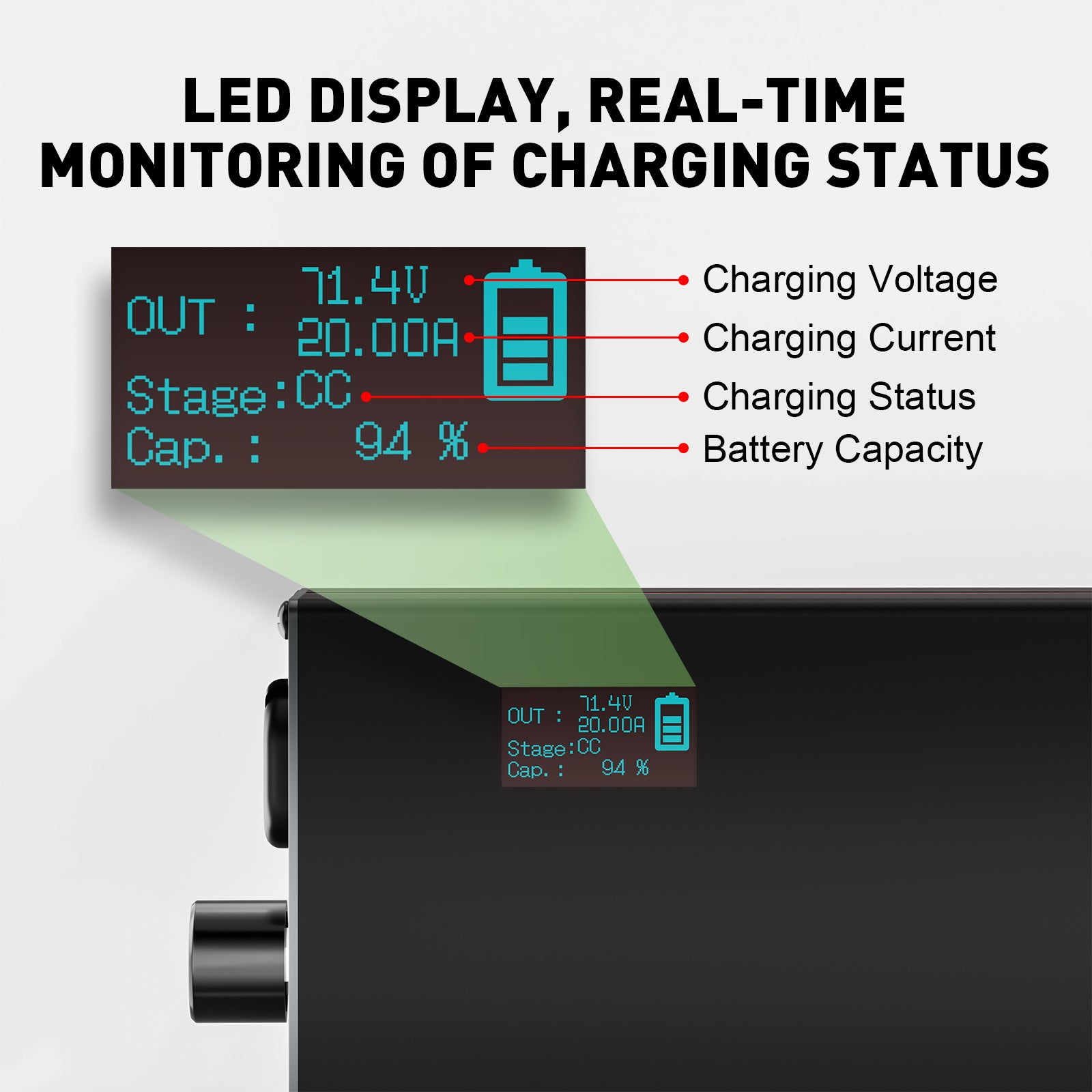 NOEIFEVO 71.4V 20A Nabíjačka batérií na lítium pre 60V 62.9V 17S lítiové, Li-Ion a Li-Po batérie, LCD displej, nastaviteľný prúd, nabíjačka pre e-bicykle, skútre, elektrické motocykle