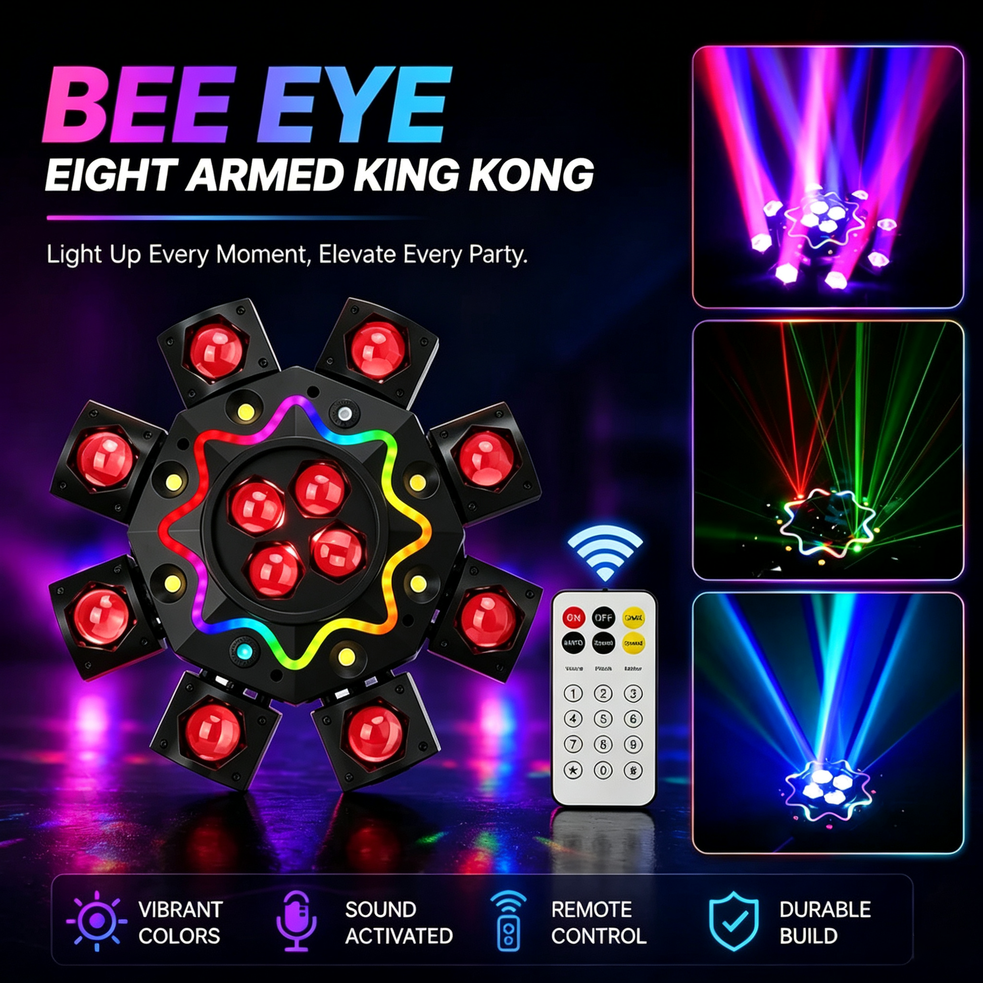 200W Bienenauge 8-Arm Moving Head Licht, DJ-Bühnenbeleuchtung mit DMX512-Unterstützung, RGBW 4-in-1 LED-Partylight mit Fernbedienung für Hochzeiten, Bars, Clubs und Discos
