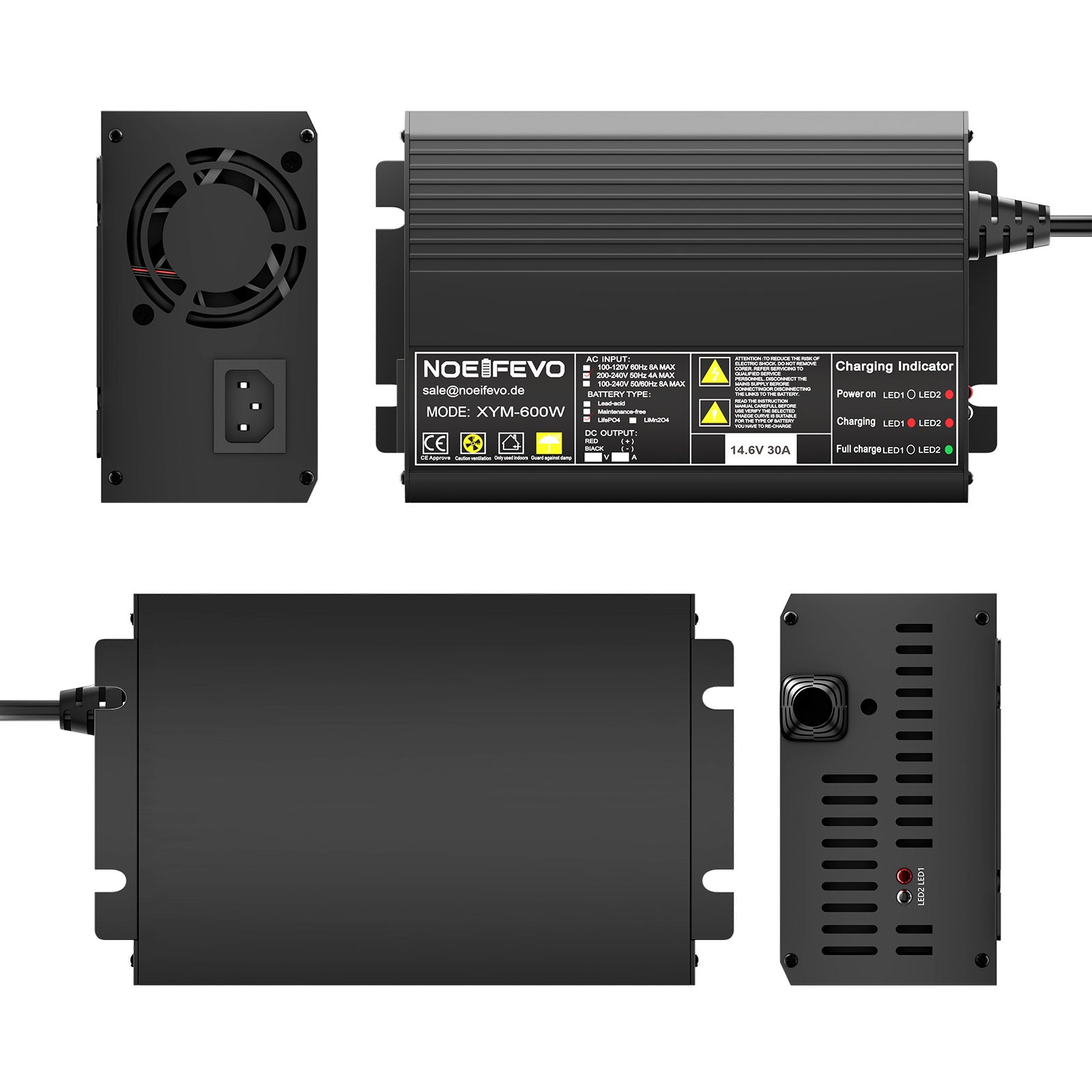 Noeifevo 12V 12.8V 30A LiFePO4  litio de batería de Cargador , voltaje de carga 14.6V, activación BMS 0V, apagado automático, carcasa de aluminio