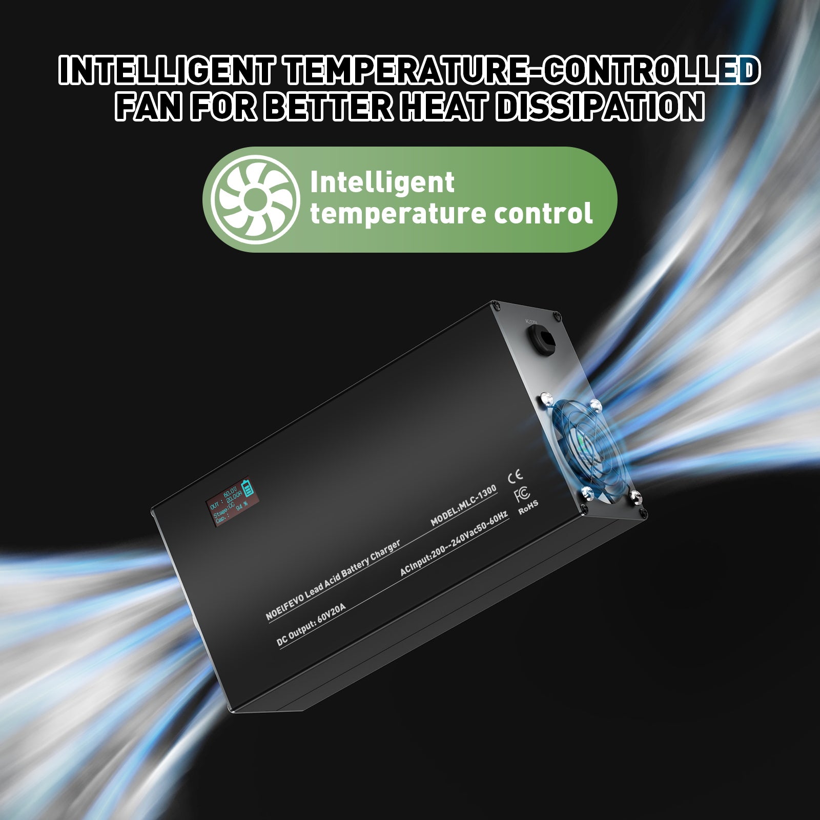 NOEIFEVO 60V 2A-20A מטען סוללות עם זרם מתכוונן עבור סוללות עופרת-חומצה, AGM, ג'ל, מטען סוללות לעגלות גולף, עם תצוגת LED