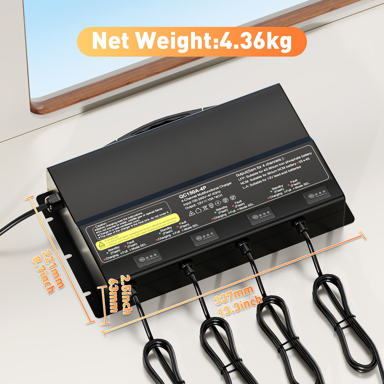 NOEIFEVO מטען סוללה אוניברסלי 12V 40A 4 בנקים (10A/בנק), מטען עמיד במים 12V LiFePO4 סוללה ליתיום-עופרת עבור קרוואן, סירה, אופנוע, מכסחת דשא, מנוע טרולינג וסוללת עופרת-חומצ