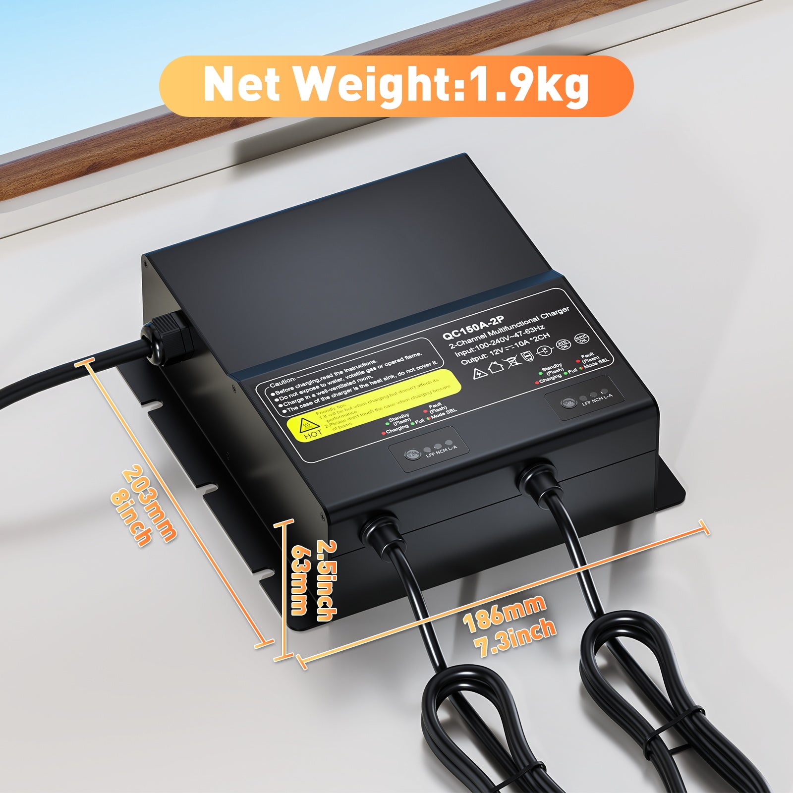 NOEIFEVO Cargador de batería universal 12V 20A 2-Bancos (10A/Banco), cargador impermeable para LiFePO4, Litio y Plomo-Ácido de 12V, para autocaravana, barco, motocicleta, cortacésped, motor de arrastre y batería de plomo-ácido