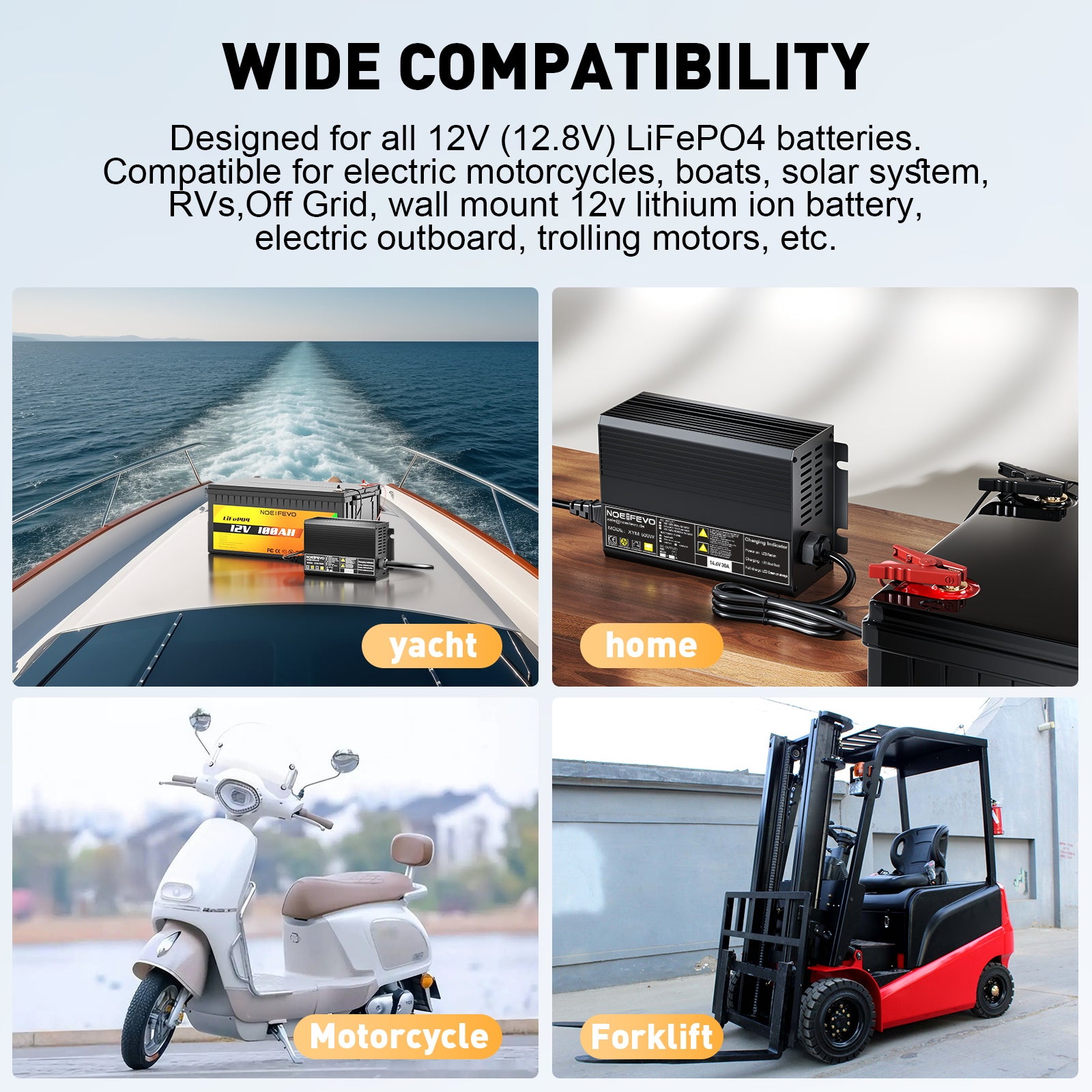 Noeifevo 12 V 12,8 V 30 A Ładowarka akumulatorów litowo-żelazowo-fosforanowych , napięcie ładowania 14,6 V, aktywacja BMS 0 V, automatyczne wyłączanie, obudowa aluminiowa