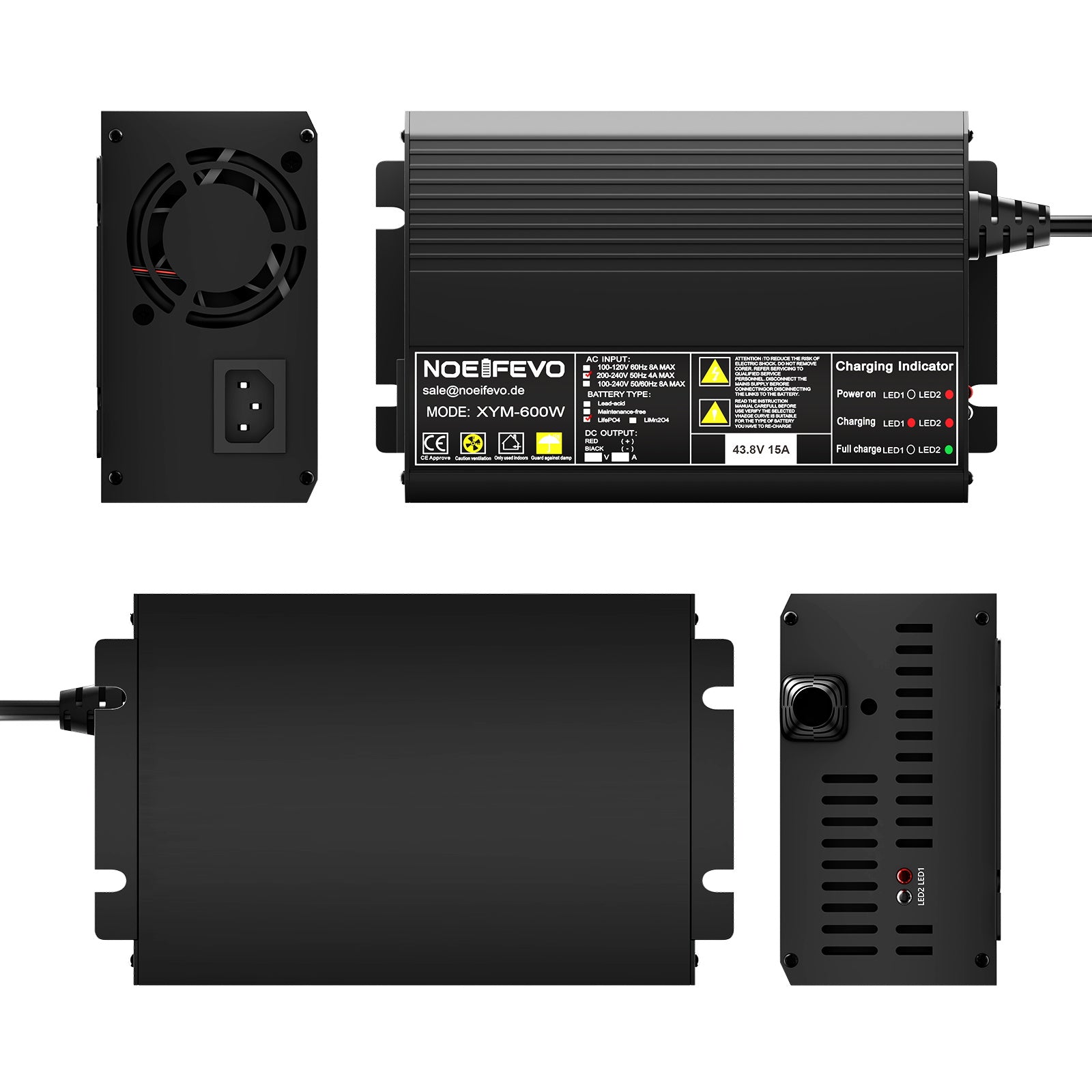 Noeifevo 43.8V 15A LiFePO4 batteriladdare för 36V 38.4V 12S LiFePO4 batteri