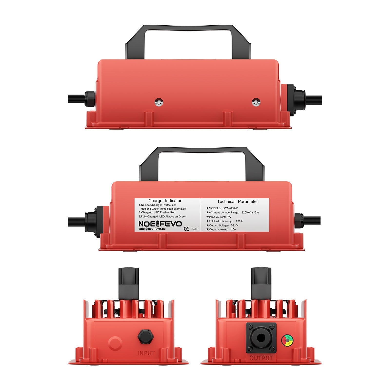 NOEIFEVO 58.4V 10A Litium LiFePO4 batteriladdare för 51.2V(48V) 16S batteri, vattentät, automatisk avstängning med fullt skydd
​