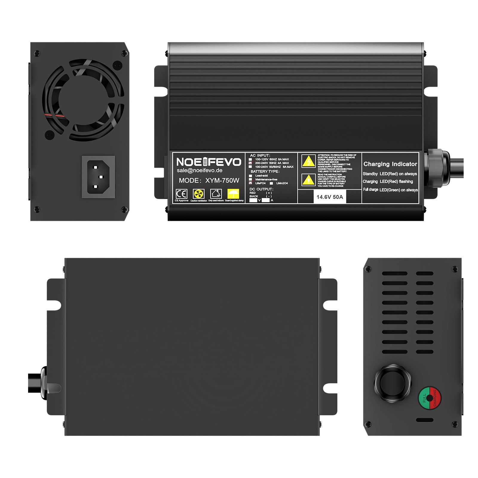 Noeifevo 14.6V 50A מטען סוללות LiFePO4 עבור סוללת LiFePO4 12V (12.8V), אפס מטען סוללות LiFePO4